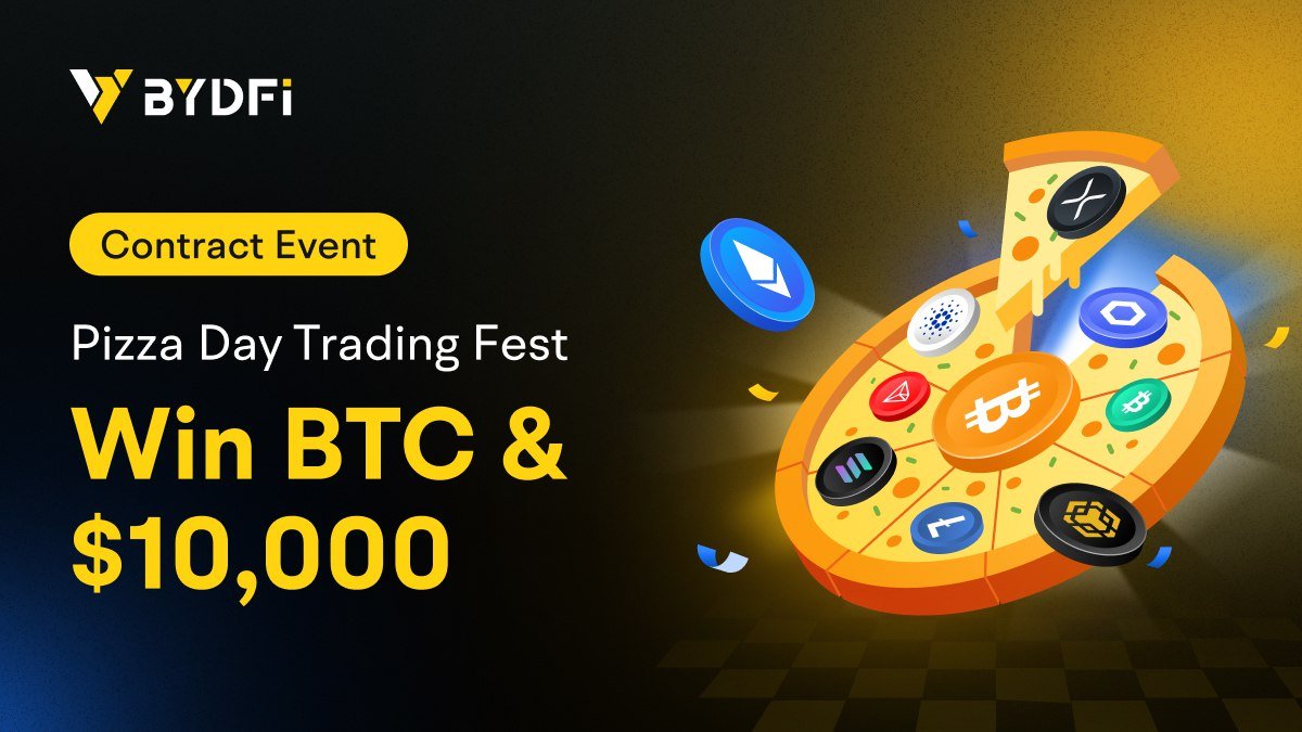BYDFi's tweet photo. 🍕 BYDFi Pizza Day Trading Fest! 

Trade designated contracts during the event for a chance to win BTC and 10,000 USDT!

⏰ Event Period: 2025/05/19 09:00 - 2025/05/25 23:59 (UTC+8)

👉🏻 Event Page: https://t.co/J3Ph7U8XJP

🔥 Start trading and grab your slice of the rewards!

#BYDFi #PizzaDay #CryptoTrading #TradingEvent #BTC #USDT