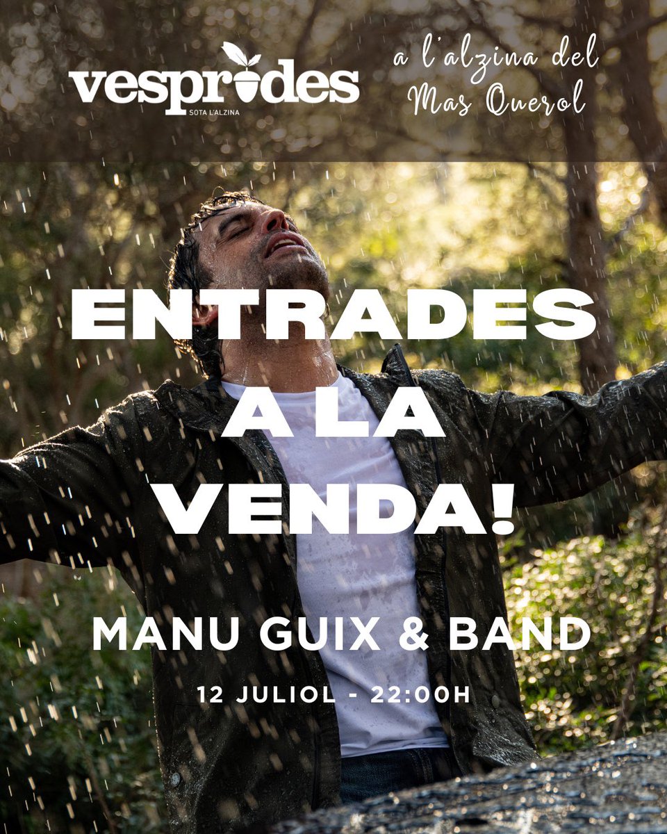 VESPRADES 2025
🎶<a href="/ManuGuix/">Manu Guix</a> 
📅 12/7/25
🕙 22h
📍 Sota l’Alzina del Mas Querol · Fonollosa

✨ Nit de música en directe en un espai únic, envoltat de natura i bon ambient.
Organitza <a href="/ACRFonollosa/">ACR de Fonollosa</a>, des del voluntariat i amb molt d’amor.

🎟️vesprades.cat

#jovesprejo i tu?