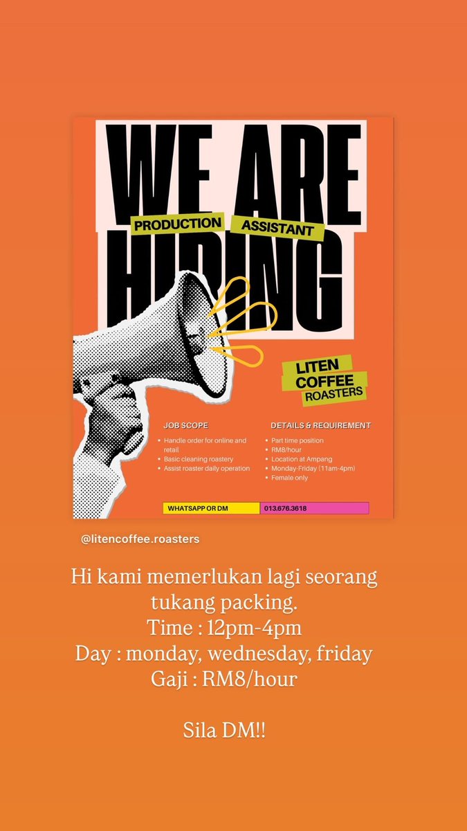 Hi. Kami sedang mencari lagi seorang tukang packing untuk liten roastery. 

Sila DM jika berminat