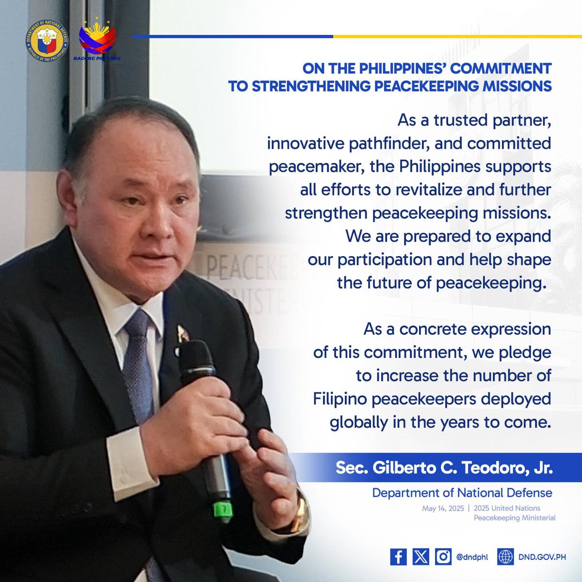 dndphl's tweet photo. At the 2025 United Nations Peacekeeping Ministerial in Berlin, #DNDPHL Sec. Gilberto C. Teodoro, Jr. reaffirmed the Philippines’ steadfast commitment to global peacekeeping missions.

Read more: https://t.co/XYSsbtyUv9

#PHForPeace #PartnerPathfinderPeacemaker #PKM2025 #DNDPHL https://t.co/rqS2ZCV5gE