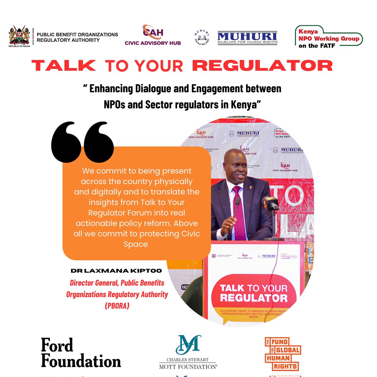 "We are on the highway to ensure rules and regulations are harmonized for effective regulation of the PBOs" Director General, PBORA. #T2RKenya #TalkToYourRegulator #EngageYourRegulator