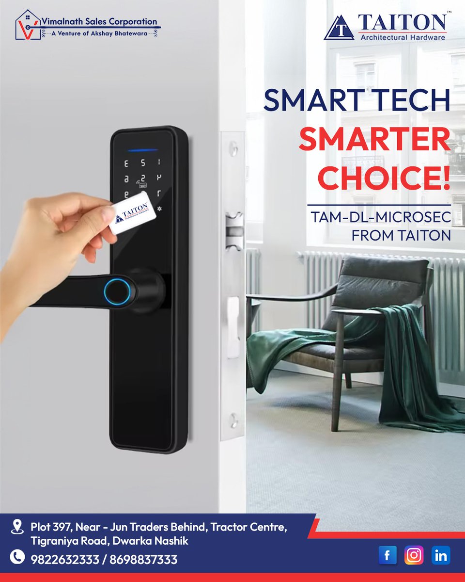 vimalnathsales's tweet photo. Smart Tech. Smarter Choice!
Upgrade your security with TAM-DL-MICROSEC from TAITON – the future of architectural hardware is here.
Where technology meets elegance and performance!

📞 Call: 9822632333 / 8698837333

#VimalnathSalesCorporation #TaitonHardware #SmartTech https://t.co/6ZAO6vOkvF