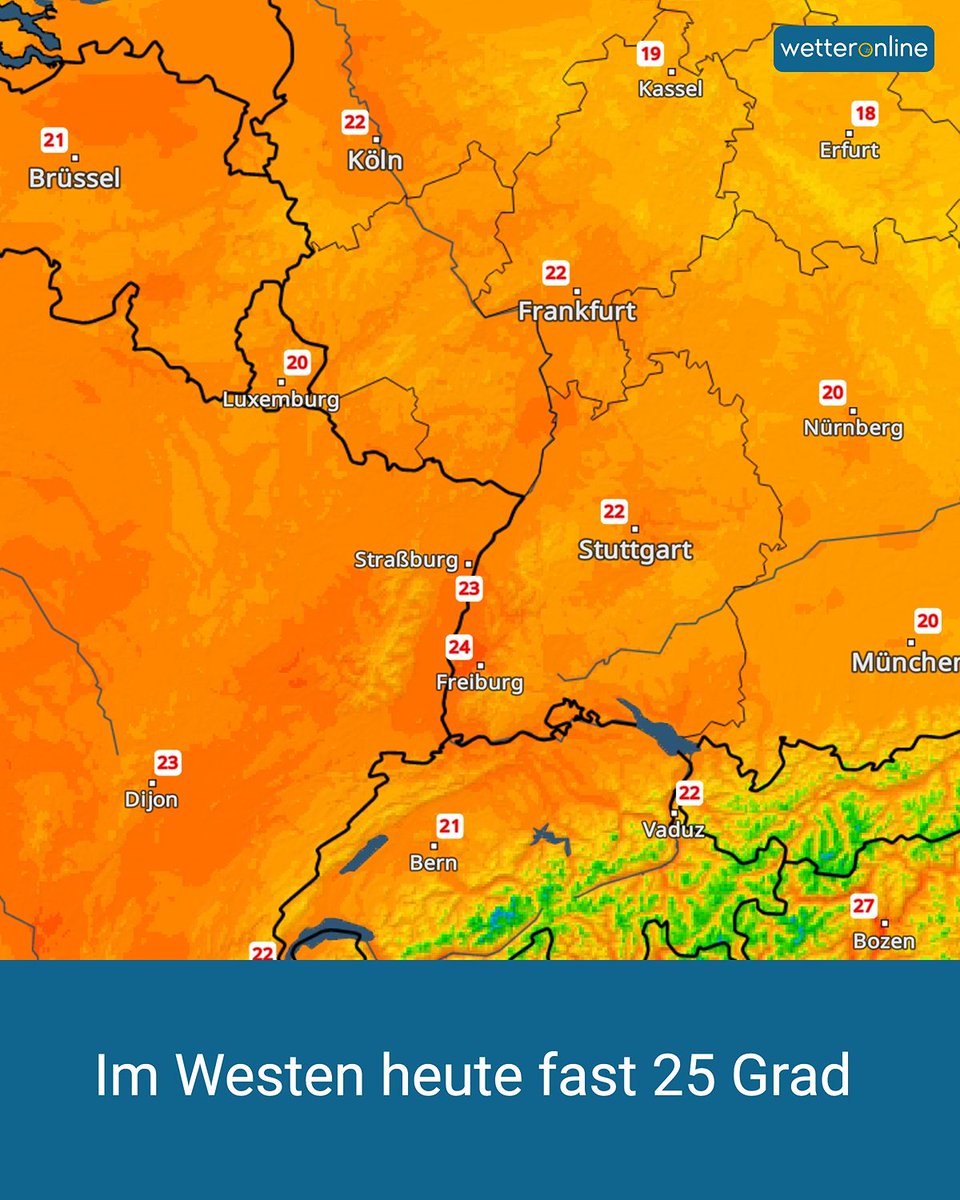 WetterOnline's tweet photo. Heute wird es im Westen und Südwesten wieder deutlich wärmer. Mehr dazu: ➡️ https://t.co/kEGcUpXY0g
#Wetter #Temperaturen #Montag #25Grad https://t.co/UqybVVK8zz