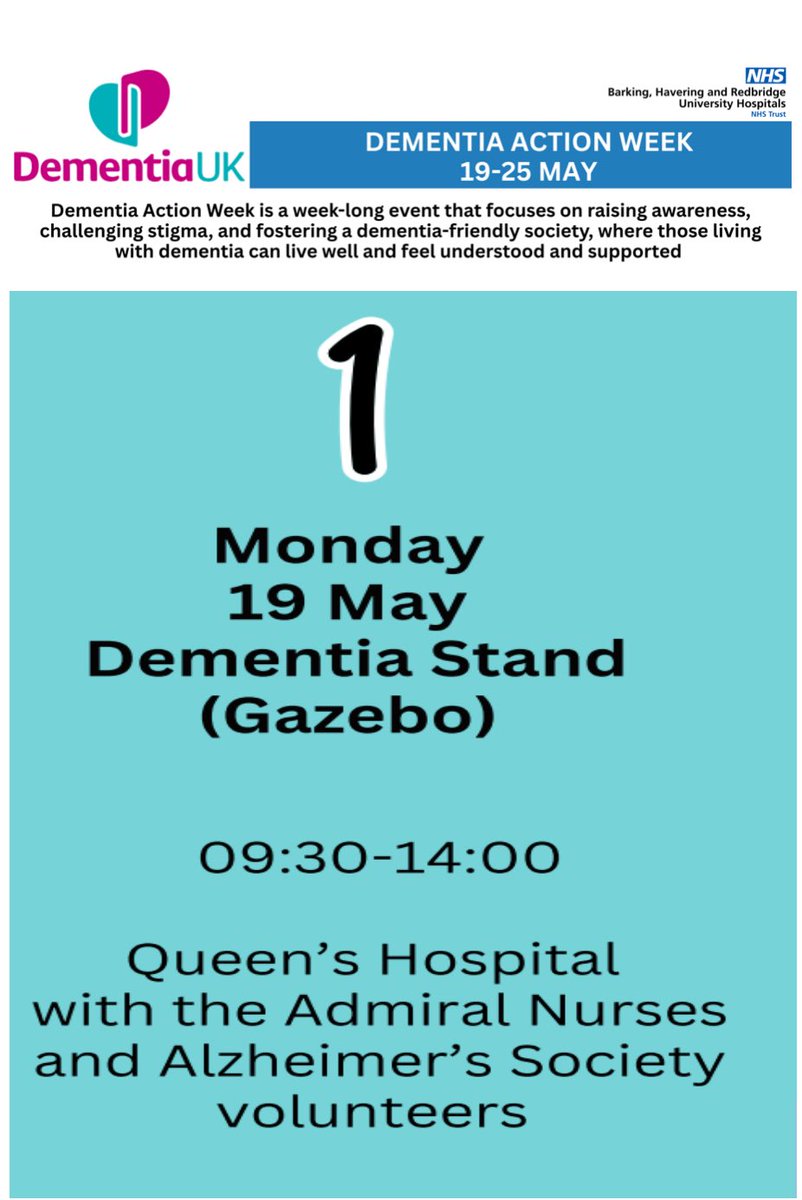 Come and see the Dementia Team and Alzheimer's Society in the Gazebo outside Queens Hospital today as we support Dementia Action Week - we'd love to have a chat and share more with you.