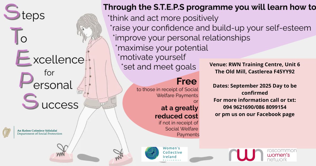Roscommon Women's Network (@rwn_roscommon) on Twitter photo STEPS - September 2025 subject to funding (date to be confirmed). Free of charge to anyone in receipt of a social welfare payment. Please ring us on 094 9621690 or email us on: info@rwn.ie to book your place. <a href="/WCI_irl/">Women's Collective Ireland</a> <a href="/wci_roscommon/">WCI_roscommon</a> STEPS - September 2025 subject to funding (date to be confirmed). Free of charge to anyone in receipt of a social welfare payment. Please ring us on 094 9621690 or email us on: info@rwn.ie to book your place. <a href="/WCI_irl/">Women's Collective Ireland</a> <a href="/wci_roscommon/">WCI_roscommon</a>
