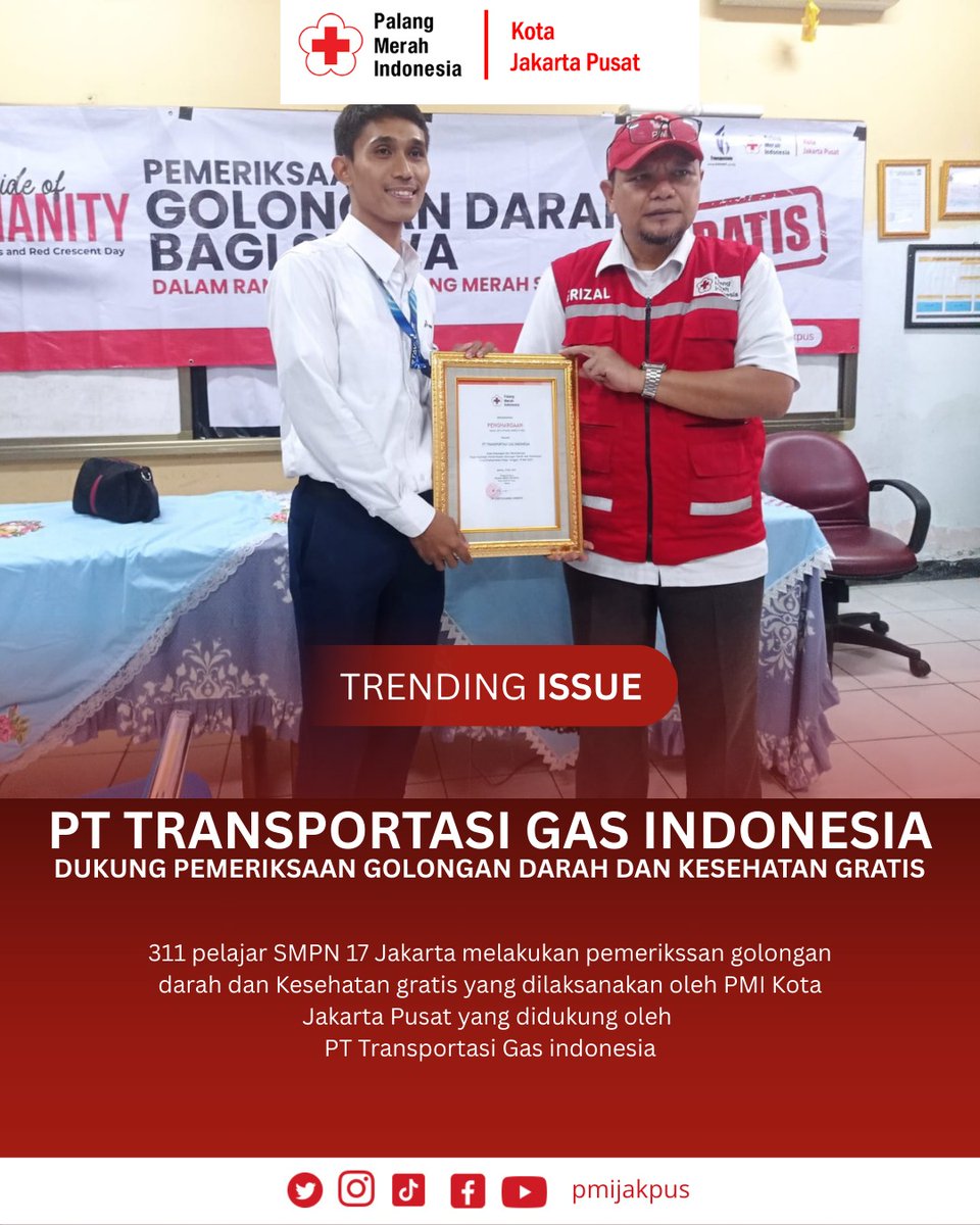 pmijakpus's tweet photo. PT Transportasi Gas indonesia dukung pemerikssan golongan darah dan Kesehatan gratis yang dilaksanakan oleh PMI Kota Jakarta Pusat yang melaksanakan pemerikaaan 311 siswa SMPN 17 Jakarta https://t.co/VMpjuc8fnV