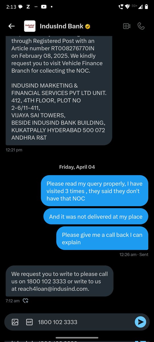 Pranaynaini's tweet image. @MyIndusIndBank It’s been over 2 months since I first requested my two-wheeler loan NOC. Despite multiple visits and previous tweets, I still haven’t received any proper assistance. I have even  multiple calls to call centre and sent multiple emails #failedservice #IndusindBank