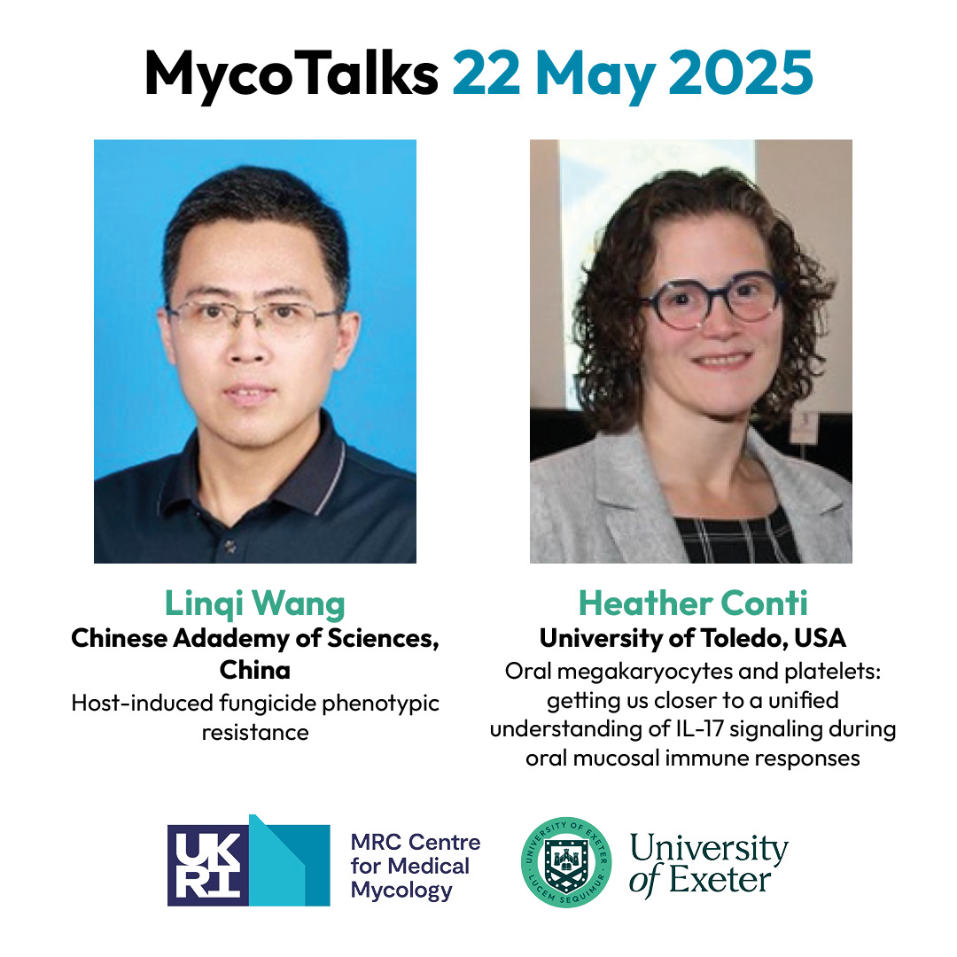 Registration is open for this week's #MycoTalks with Linqi Wang and Heather Conti:  
📅Thursday 22 May
🕓16:00 UK time
💻via Zoom
Register for free here: Universityofexeter.zoom.us/webinar/regist…