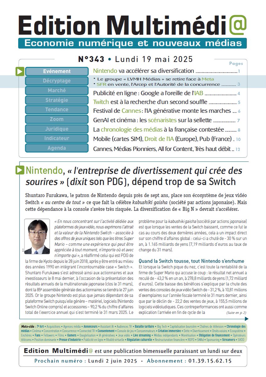 Charles de Laubier (@c2laubier) on Twitter photo Le 5 juin sera le jour du lancement mondial de la #Switch 2, dont <a href="/Nintendo/">ä»»ĺ¤©ĺ ‚ć ŞĺĽŹäĽšç¤ľ</a> est trop dĂ©pendant. Et le 27 juin, se tiendra la 85e assemblĂ©e gĂ©nĂ©rale des actionnaires de la firme de #Kyoto dirigĂ©e par Shuntaro Furukawa. La #diversification va s'accĂ©lĂ©rer : editionmultimedia.fr/au-sommaire-du… Le 5 juin sera le jour du lancement mondial de la #Switch 2, dont <a href="/Nintendo/">ä»»ĺ¤©ĺ ‚ć ŞĺĽŹäĽšç¤ľ</a> est trop dĂ©pendant. Et le 27 juin, se tiendra la 85e assemblĂ©e gĂ©nĂ©rale des actionnaires de la firme de #Kyoto dirigĂ©e par Shuntaro Furukawa. La #diversification va s'accĂ©lĂ©rer : editionmultimedia.fr/au-sommaire-du…