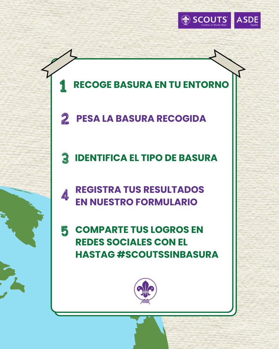 ♻️ ¡Recuerda! Este año todas las personas estáis invitadas a celebrar con <a href="/scout_es/">Scouts de España (ASDE)</a> el #DíaMundialdelMedioAmbiente . Os esperamos en la recogida masiva de basura del sábado 7 de junio con el lema #ScoutsSinBasura.
Sigue los pasos y registra tus resultados: bit.ly/3S56nTd