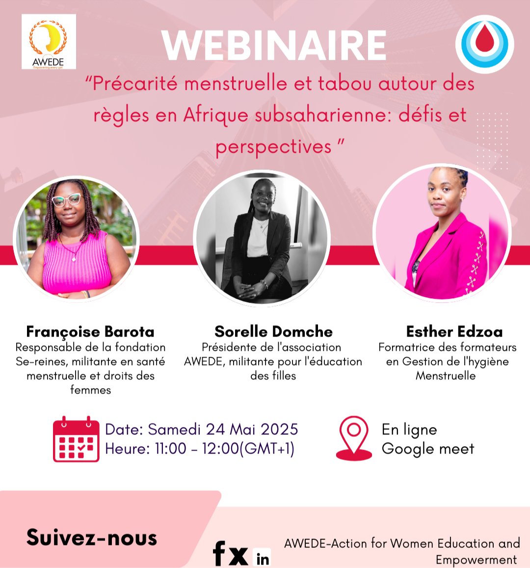 📢Webinaire en ligne sur le thème: PRÉCARITÉ MENSTRUELLE ET TABOU AUTOUR DES RÈGLES en Afrique subsaharienne: défis et perspectives." 

🗓️ Samedi 24 Mai 2025
🕘 À partir de 11h (GMT+1)
🔴Google meet meet.google.com/zac-wfhs-ivt
Max de partage
#EndPeriodPoverty
#MentrualHygieneDay2025