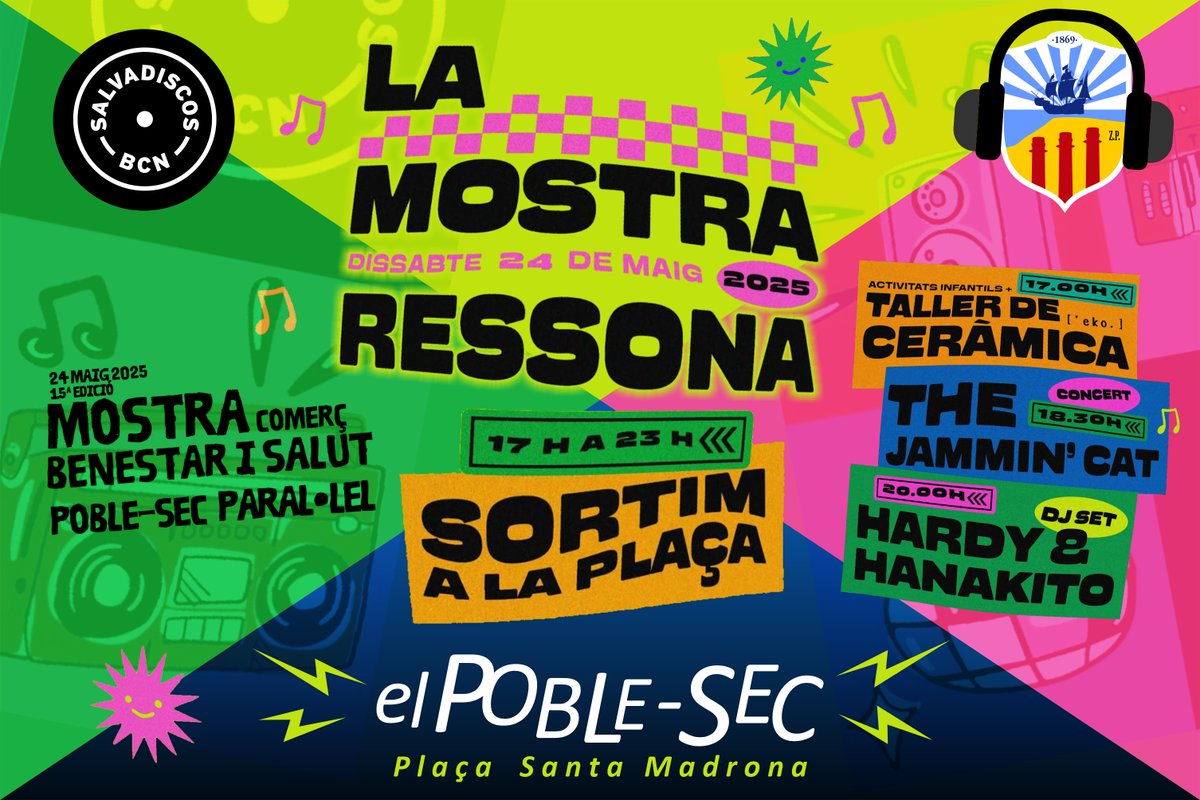 Aquest dissabte 'La Mostra Ressona' amb Salvadiscos! Música, DJs, tallers infantils i concerts a la plaça Santa Madrona de 17:00h a 23:00h dins la Mostra de Comerç del Poble-sec. 😍🅾️🅿️💙 #Poblesec #OrgullPoblesequi