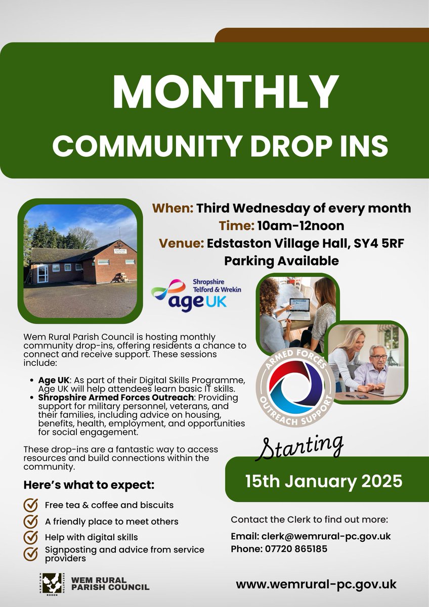 WemRuralParishC's tweet photo. Our Community Drop-Ins are new to 2025 and are on the third Wednesday every month at Edstaston Village Hall from 10am-12noon.
Feel free to drop-in for basic IT support,  a chat or coffee.
Find out more at https://t.co/mGi7dKYVCb 
#free #community #help #support https://t.co/0wNhK2sK9I
