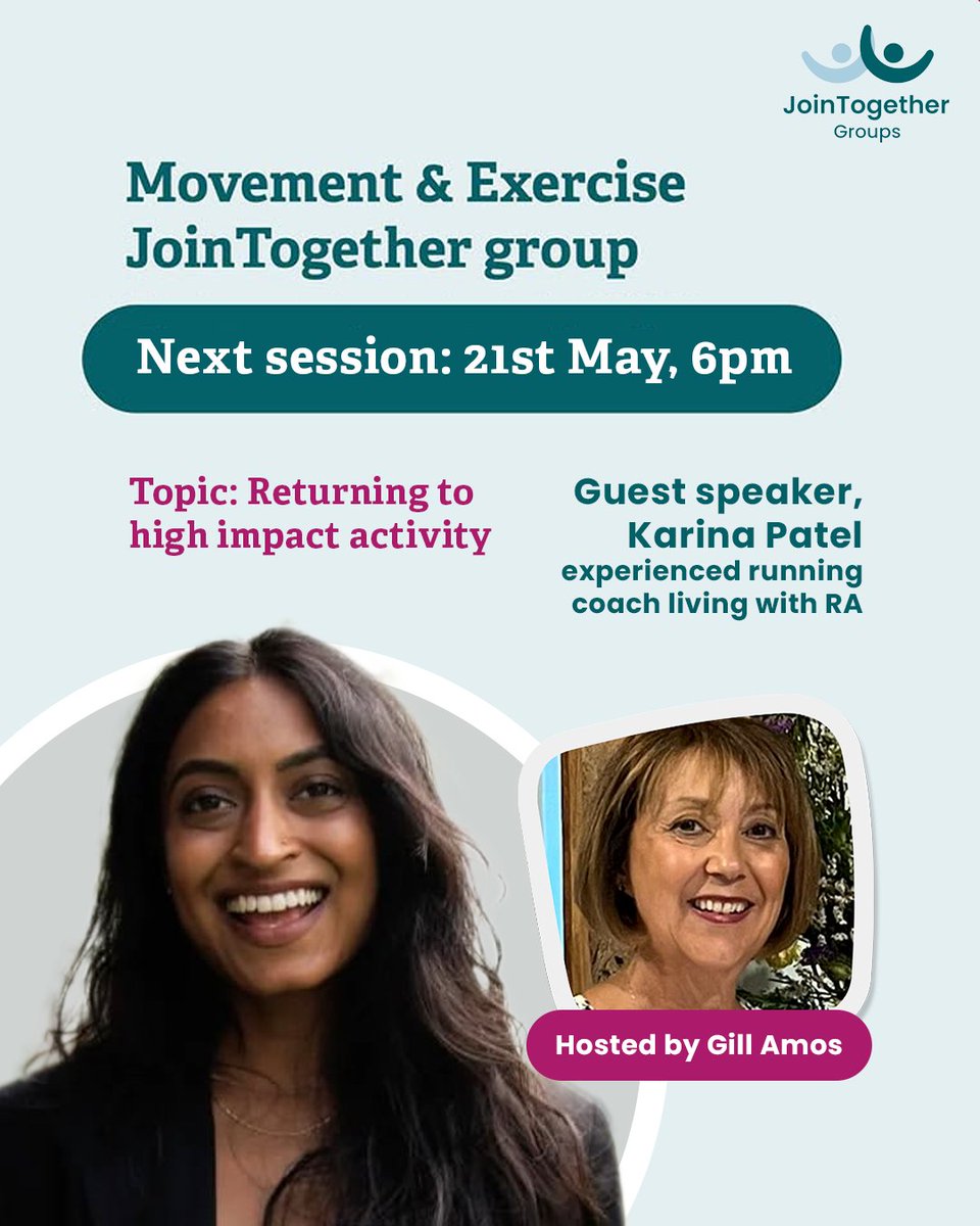 Join us on Wednesday May 21st, 6pm when NRAS volunteer Gill Amos, will be joined by Karina Patel, an experienced running coach living with RA to discuss: 

⚫ What is High Impact Activity?
⚫ Types of High Impact Activity:
- Strength Building: Weight-bearing exercises 
-