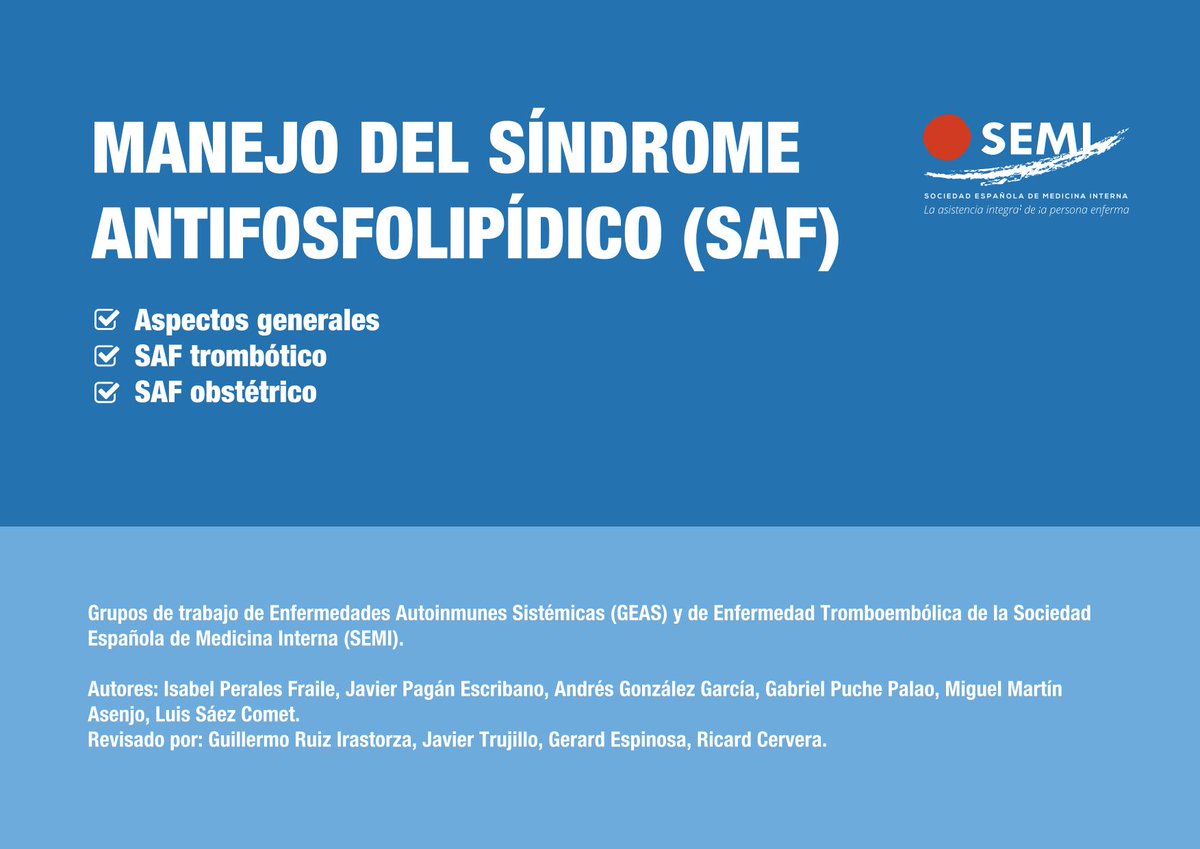 Sociedad Española de Medicina Interna (SEMI) (@sociedad_semi) on Twitter photo 🆕Nuevo documento "Manejo del Síndrome Antifosfolipídico (SAF)" de los GT de Enfermedades Autoinmunes Sistémicas (<a href="/gtgeassemi/">GT GEAS-SEMI</a>) y Enfermedad Tromboembólica (<a href="/GT_Trombo/">GT_EnfermedadTromboembolica #17ETVSEMI</a>) de <a href="/Sociedad_SEMI/">Sociedad Española de Medicina Interna (SEMI)</a>🩺
👉Disponible en la web de SEMI y en la webapp "Algoritmos y protocolos de SEMI".
🔹Web SEMI 🆕Nuevo documento "Manejo del Síndrome Antifosfolipídico (SAF)" de los GT de Enfermedades Autoinmunes Sistémicas (<a href="/gtgeassemi/">GT GEAS-SEMI</a>) y Enfermedad Tromboembólica (<a href="/GT_Trombo/">GT_EnfermedadTromboembolica #17ETVSEMI</a>) de <a href="/Sociedad_SEMI/">Sociedad Española de Medicina Interna (SEMI)</a>🩺
👉Disponible en la web de SEMI y en la webapp "Algoritmos y protocolos de SEMI".
🔹Web SEMI
