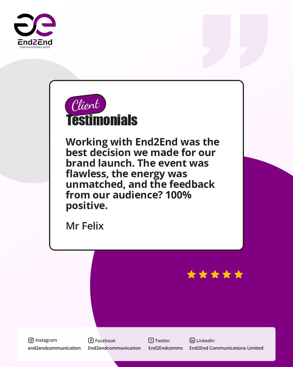 End2Endcomms's tweet image. There&apos;s no better proof than a satisfied client.

Want your next event to feel like this? Let&apos;s talk .

#End2Endcommuincations #Clienttestimonials