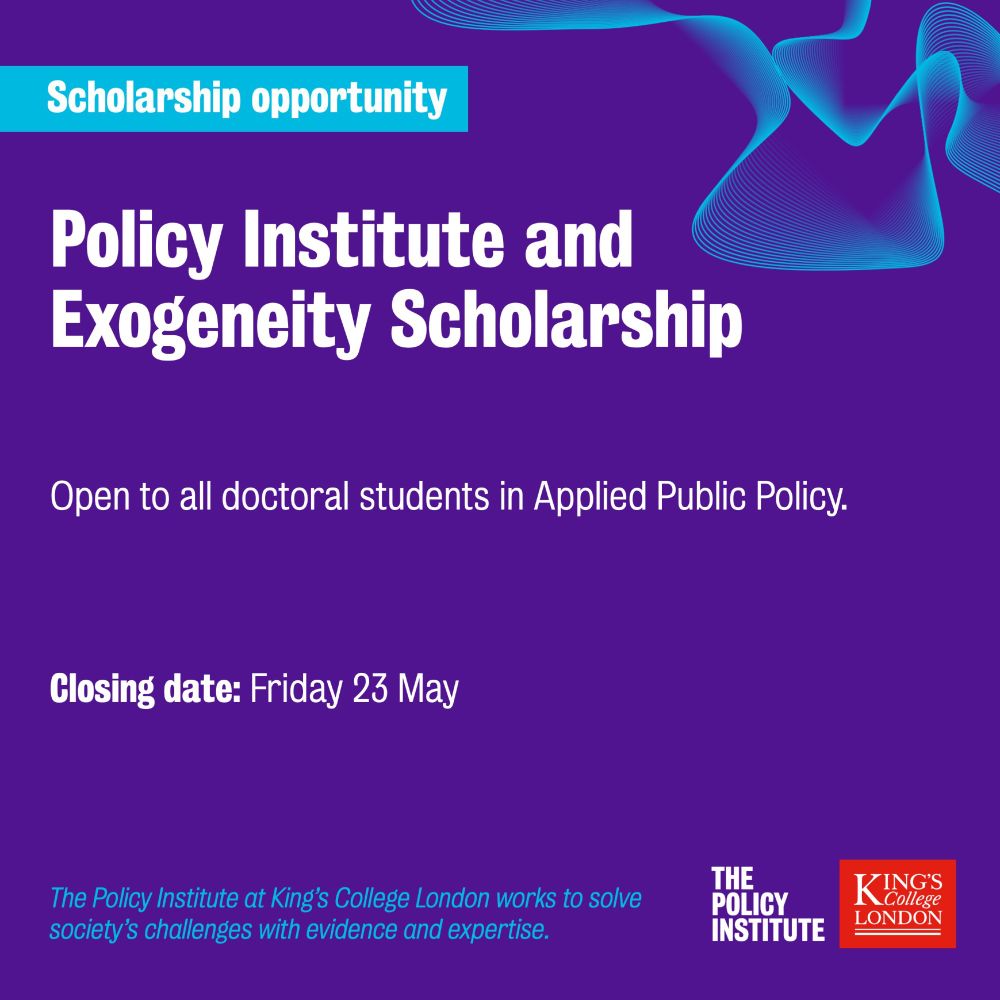 ⏰ Deadline this Friday

🎓Scholarship opportunity

Our new Exogeneity Scholarship offers a top-up stipend for a PhD in Applied Public Policy, conducting research related to inequality, social justice, and social sciences.

➡️ kcl.ac.uk/study-legacy/f…