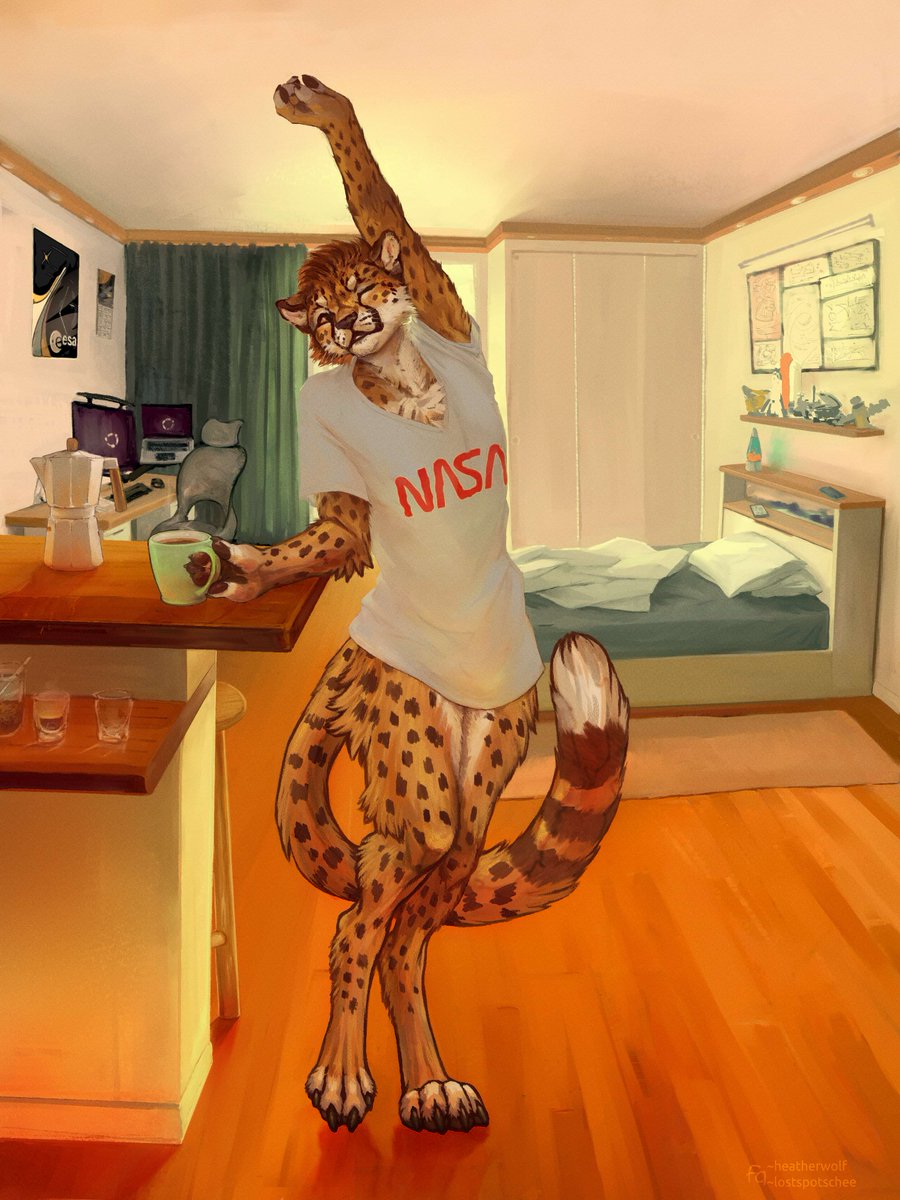 Losty_Spotless's tweet image. ☕ Just Kesh starting the day — coffee in hand, stretching before diving back into code and Space studies. Slow mornings, big goals. 🚀
YCH collab with @HeatherWolf755  done for FA~pojodan
#furryart #digitalart #NASA #coffeetime #anthroart #cheetah