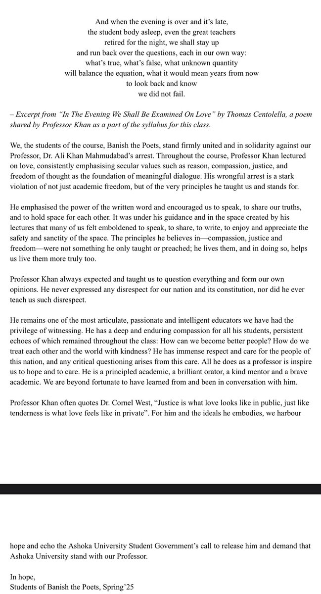 Arpita Das (she/her) (@arpitayodapress) on Twitter photo <a href="/Mahmudabad/">Ali Khan Mahmudabad</a>'s students this semester have written a beautiful and strong message in solidarity with their beloved professor. The class was called Banish the Poets. Have a read!
Faculty and students, we all stand in solidarity with him. <a href="/Mahmudabad/">Ali Khan Mahmudabad</a>'s students this semester have written a beautiful and strong message in solidarity with their beloved professor. The class was called Banish the Poets. Have a read!
Faculty and students, we all stand in solidarity with him.