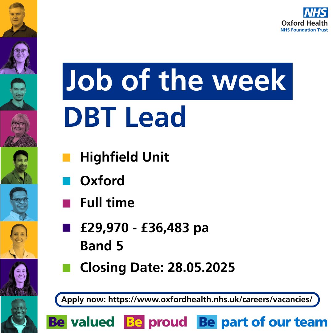 🔶 Job of the Week: DBT Lead – Highfield Unit (Inpatient CAMHS), Oxford
 
💻 Apply Now: loom.ly/WjFuTRs
📆 Closing date: 28.05.2025
📍 Highfield Unit, Oxford
 
#OneOHFT #JobOfTheWeek #JoinOurTeam #MentalHealthNursing #DBT #CAMHS #NHSJobs