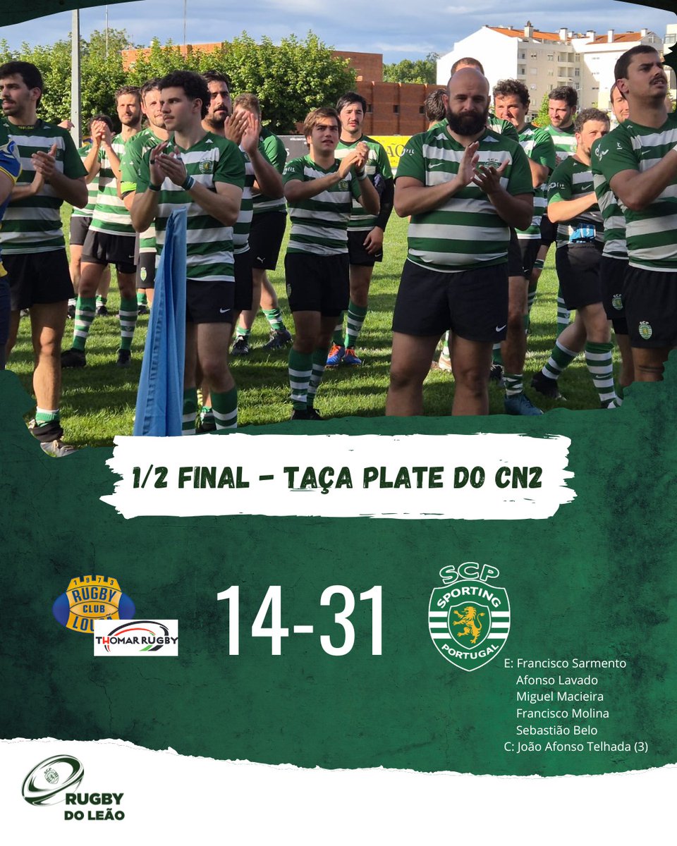 FINAL, AÍ VAMOS NÓS!
A nossa equipa deu tudo em campo e garantiu a vitória frente ao  Lousã/Tomar por 14-31 na meia-final da Taça Plate do CN2!
Com garra, entrega e espírito de equipa, carimbámos o passaporte para a grande final!

#SportingRugby #SomosSporting