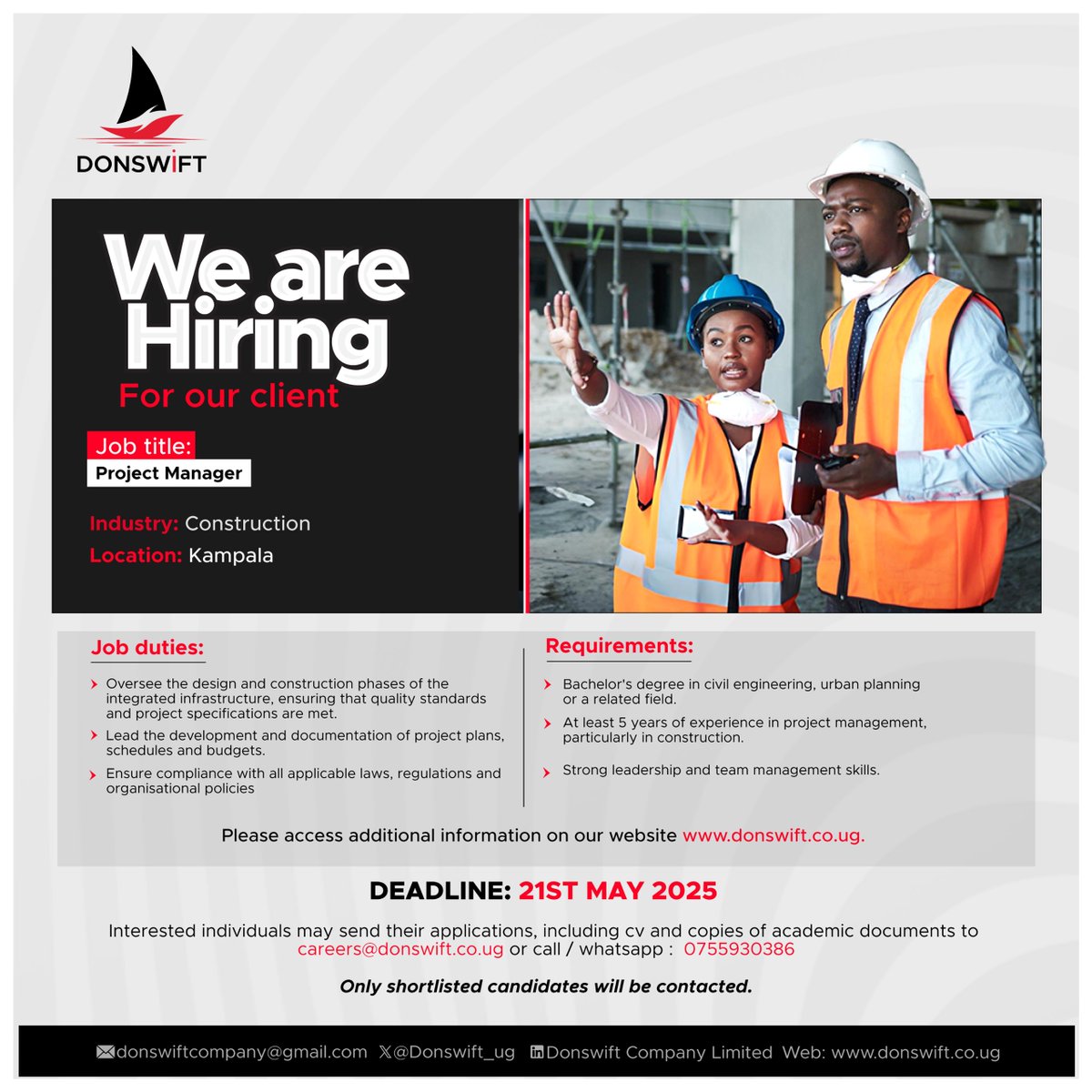 Donswift Company Ltd (@donswift_ug) on Twitter photo Deadline extended
New Deadline: 21st May 2025
Apply now: careers@donswift.co.ug
More info: donswift.co.ug/jobs/manager-p…
#Jobs #NowHiring #ConstructionCareers Deadline extended
New Deadline: 21st May 2025
Apply now: careers@donswift.co.ug
More info: donswift.co.ug/jobs/manager-p…
#Jobs #NowHiring #ConstructionCareers