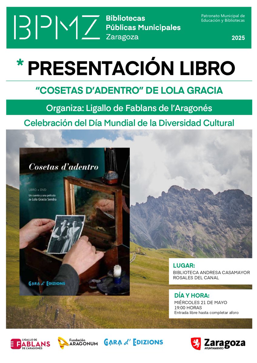 Mierques 21 de mayo, Día Mundial d'a Diversidat Cultural, feremos presentación de "Cosetas d'adentro" (Gara d'Edizions), de Lola Gracia, en a biblioteca Andresa Casamayor (Roseras d'a Canal). Amás se prochectará lo cortometrache d'o mesmo títol, opera prima de Lola.