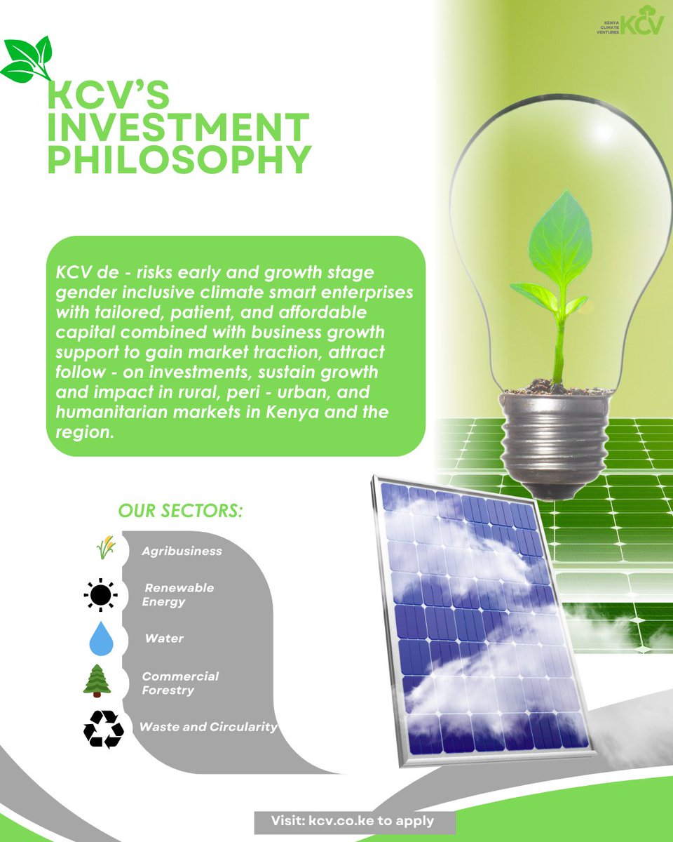 KCV de - risks early and growth stage gender inclusive climate smart enterprises with tailored, patient, and affordable #capital combined with #business  growth #support .