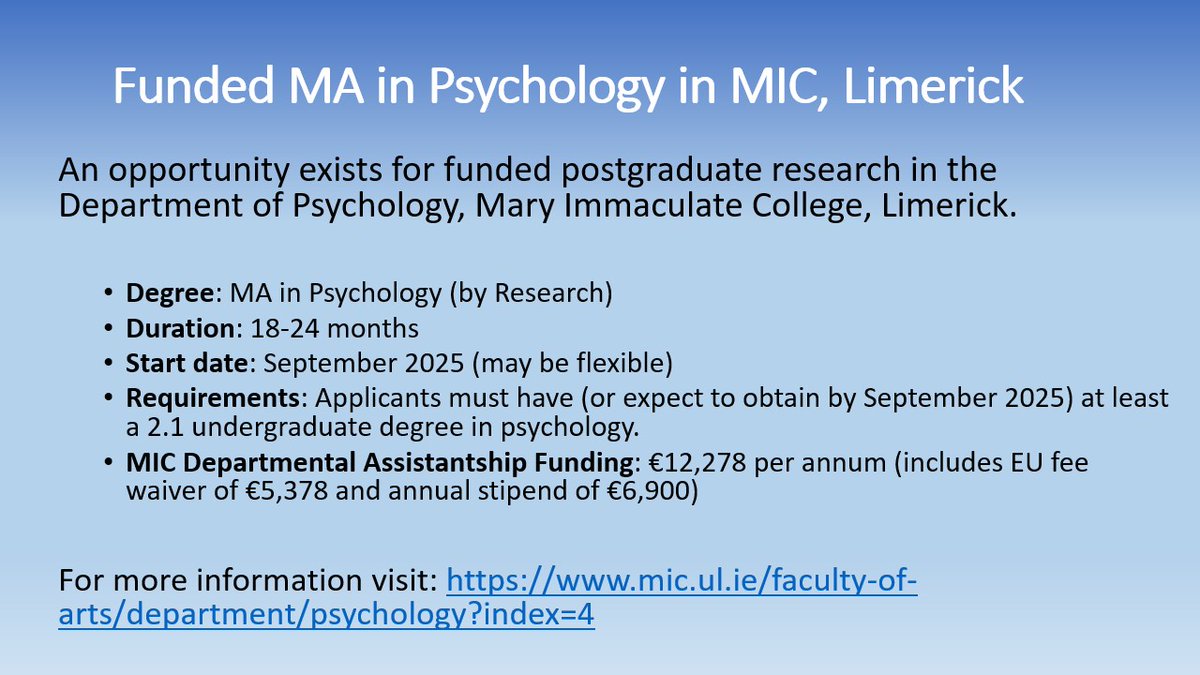Dr Suzanne Egan (@suzanne_m_egan) on Twitter photo Funded MA in Psychology in <a href="/MICLimerick/">Mary Immaculate College (MIC)</a> Join our lovely department! Funded projects include:
-Cardiovascular Stress and Wellbeing
-Life Skills Development with Higher Education
-Transnational Families in Times of Uncertainty
-Being Online: How People Behave in Online Places Funded MA in Psychology in <a href="/MICLimerick/">Mary Immaculate College (MIC)</a> Join our lovely department! Funded projects include:
-Cardiovascular Stress and Wellbeing
-Life Skills Development with Higher Education
-Transnational Families in Times of Uncertainty
-Being Online: How People Behave in Online Places