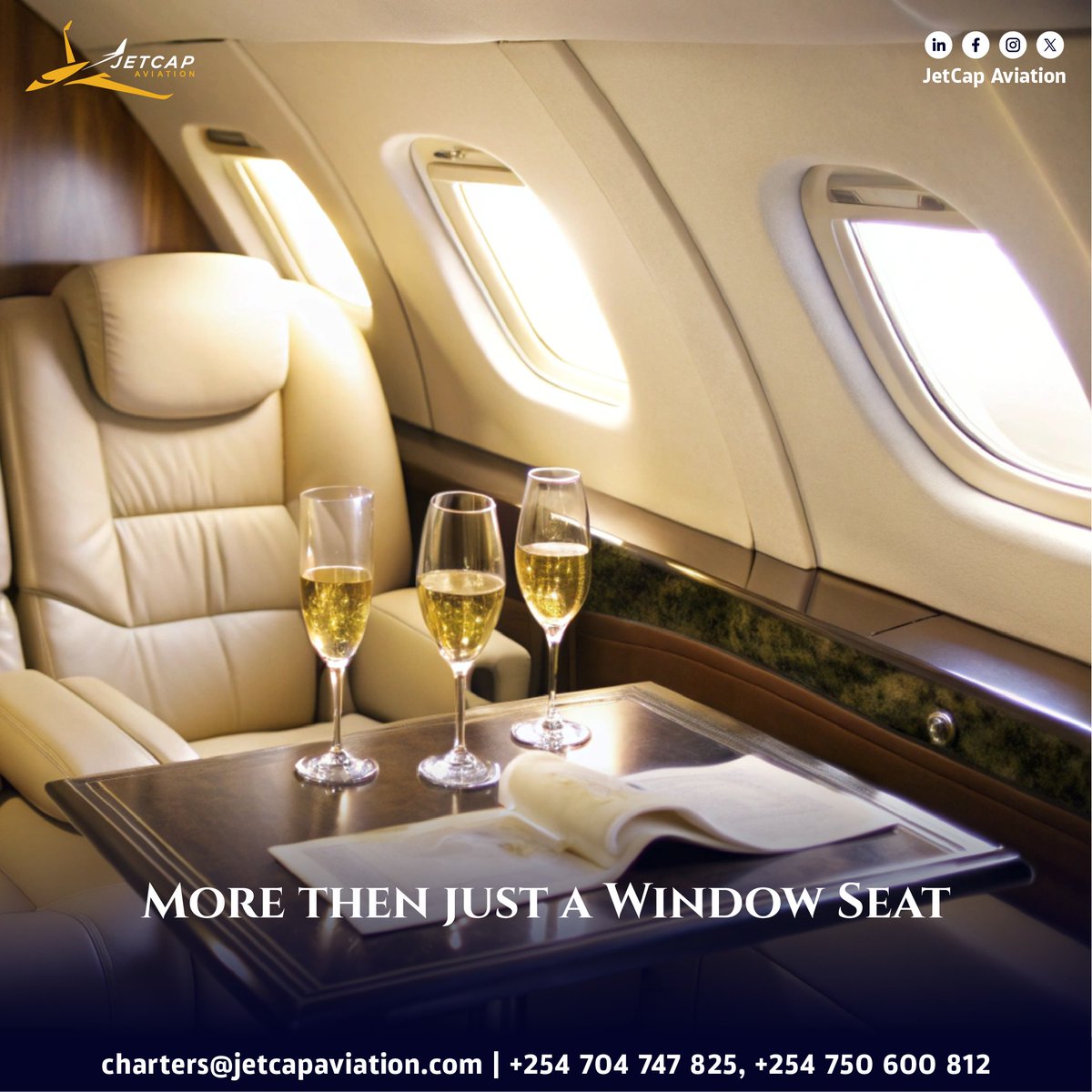 jetcapaviation's tweet photo. Not just a window seat — an experience.
🍾 Champagne. Comfort. Class.

📩 charters@jetcapaviation.com
📞 +254 704 747 825 | +254 750 600 812

#JetCapAviation #PrivateJetLife #LuxurySeats #MondayMotivation https://t.co/TOwbr7rHv0