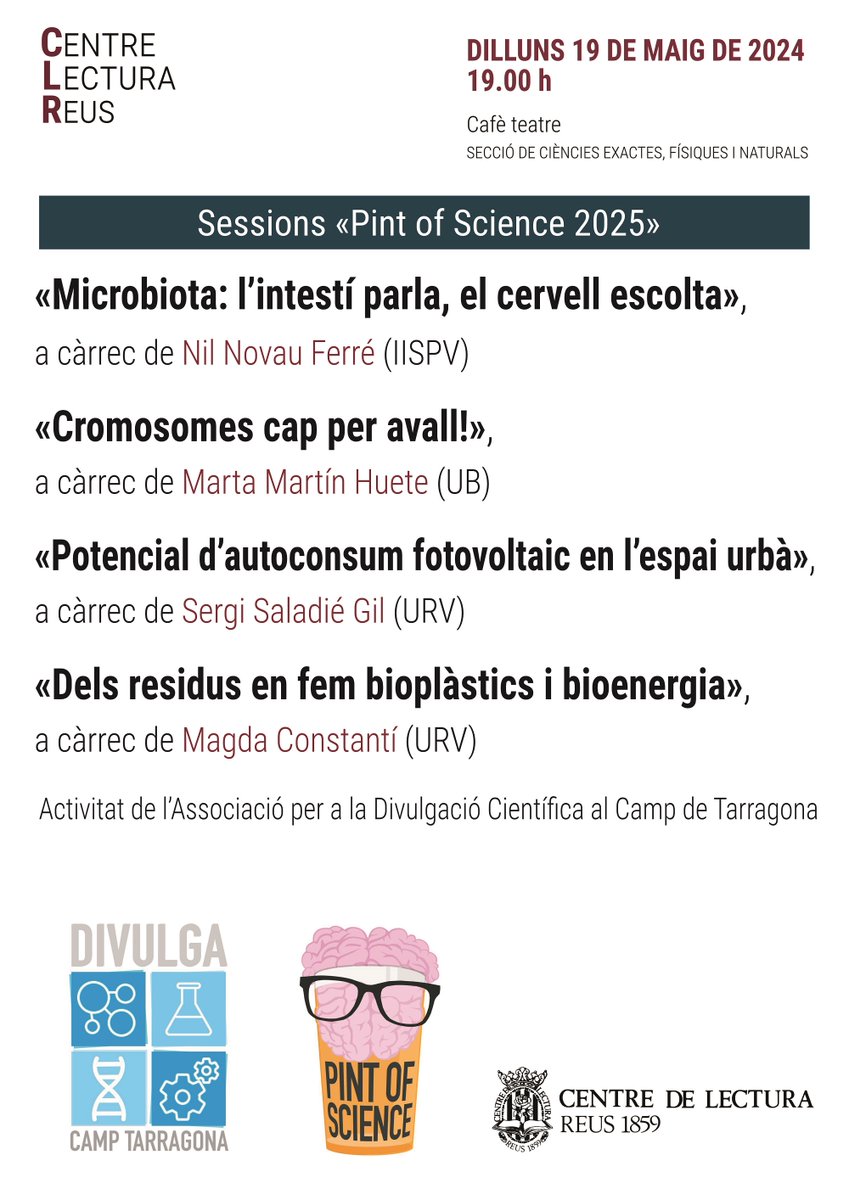 Centre de Lectura (@centredelectura) on Twitter photo 🔬 Avui dilluns a les 19.00, el nostre cafè teatre és l'escenari de la primera sessió del festival Pint of Science 2025. És una proposta <a href="/divulgaTGN/">Divulgació Científica al Camp de Tarragona</a> #Reus #CLR #Pint24REU <a href="/AgendaCultura/">Agenda Cultural de Catalunya</a> <a href="/ReusCultura/">Reus Cultura</a> <a href="/Surtdecasa/">Surtdecasa</a> <a href="/canalreus/">Canal Reus</a> <a href="/reusdigitalcat/">Reusdigital.cat</a> <a href="/laguiadereus/">La Guia de Reus</a> 🔬 Avui dilluns a les 19.00, el nostre cafè teatre és l'escenari de la primera sessió del festival Pint of Science 2025. És una proposta <a href="/divulgaTGN/">Divulgació Científica al Camp de Tarragona</a> #Reus #CLR #Pint24REU <a href="/AgendaCultura/">Agenda Cultural de Catalunya</a> <a href="/ReusCultura/">Reus Cultura</a> <a href="/Surtdecasa/">Surtdecasa</a> <a href="/canalreus/">Canal Reus</a> <a href="/reusdigitalcat/">Reusdigital.cat</a> <a href="/laguiadereus/">La Guia de Reus</a>