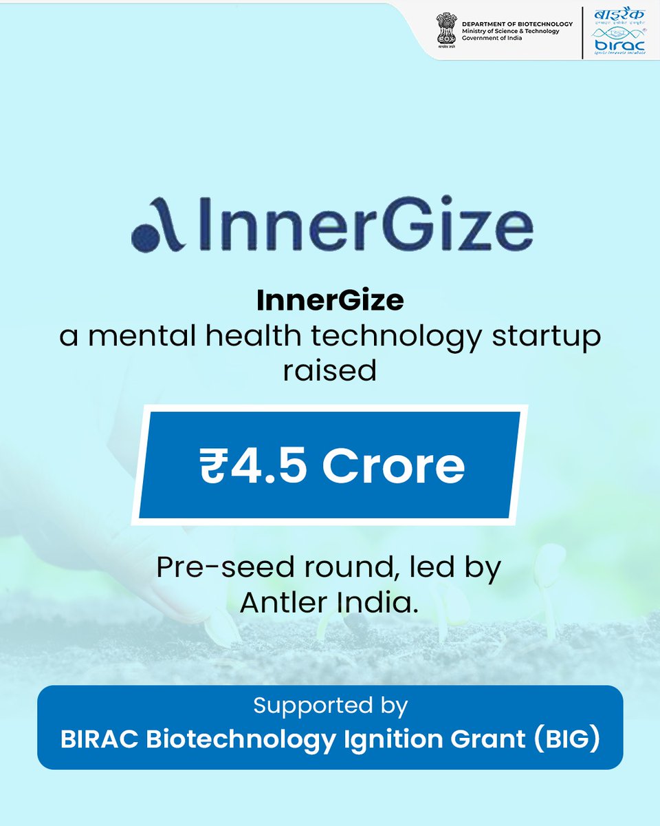 Department of Biotechnology (@dbtindia) on Twitter photo Exciting Milestone for Mental Health Innovation! BIRAC #BIG supported mental health technology startup, InnerGize has successfully raised ₹4.5 Crore in a pre-seed round led by Antler India.
#StartupFunding #MentalHealthTech #Innovation #StartupGrowth
<a href="/DrJitendraSingh/">Dr Jitendra Singh</a> Exciting Milestone for Mental Health Innovation! BIRAC #BIG supported mental health technology startup, InnerGize has successfully raised ₹4.5 Crore in a pre-seed round led by Antler India.
#StartupFunding #MentalHealthTech #Innovation #StartupGrowth
<a href="/DrJitendraSingh/">Dr Jitendra Singh</a>