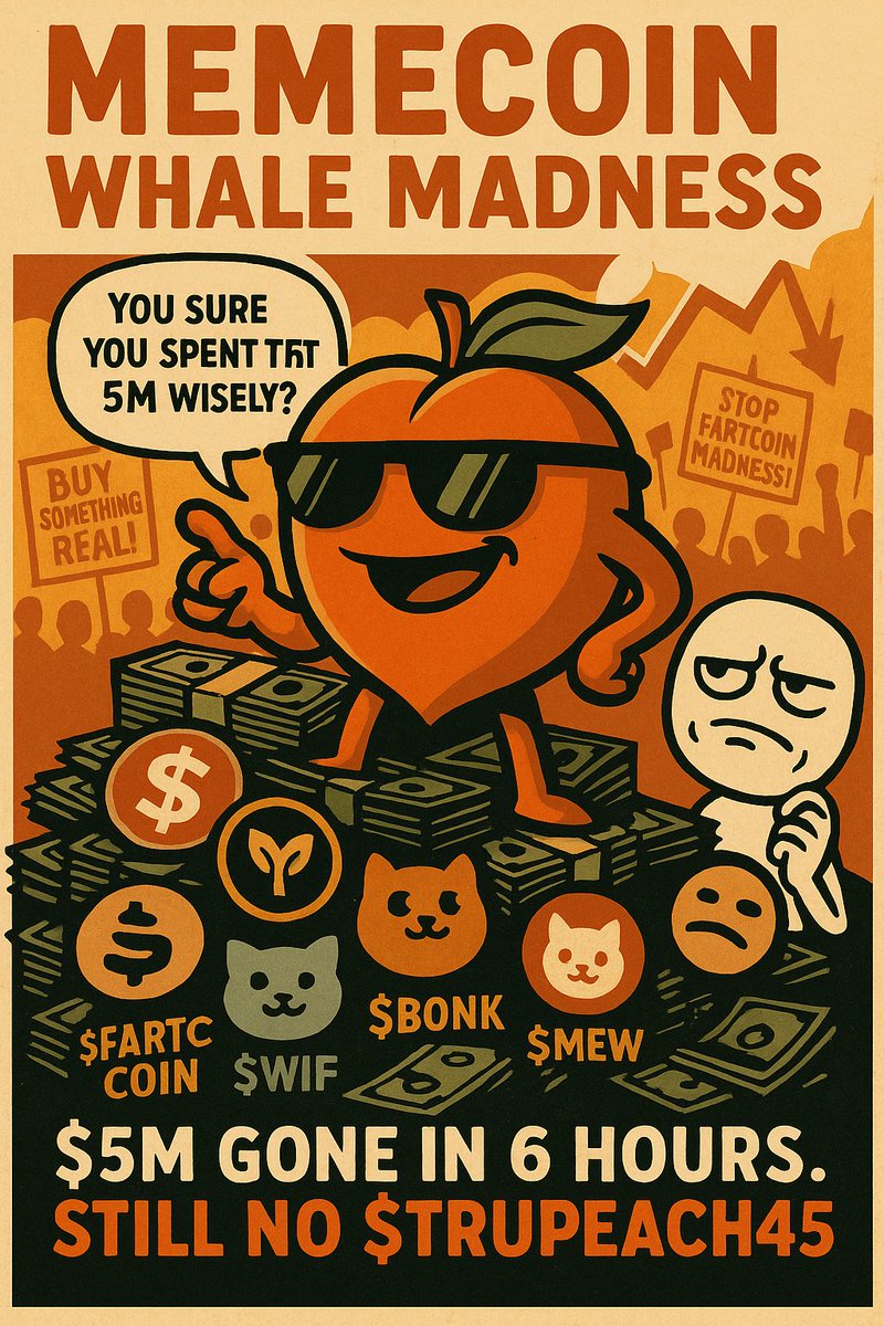 trupeach45's tweet photo. 🚨 MEMECOIN WHALE ALERT! 🐳

A crypto whale just splurged $5M in only 6 HOURS on memecoins:
💨 $1.5M on $FARTCOIN (yes, really).
📶 $1.49M on $WIF.
🐶 $682K on $BONK (33.8 billion tokens).
🐱 $681K on $MEW (200.1 million tokens).
😺 $680K on $POPCAT (1.45 million tokens).

🤔 Hey whale, wanna buy some $TRUPEACH45 and actually influence something real for a change?

👇 Interactive Poll:
Should the whale invest in $TRUPEACH45?
🤑 YES, MAKE MEMES GREAT AGAIN!
🤡 NO, KEEP BUYING $FARTCOIN.

#WhaleAlert #MemeSeason #ZAEBALO