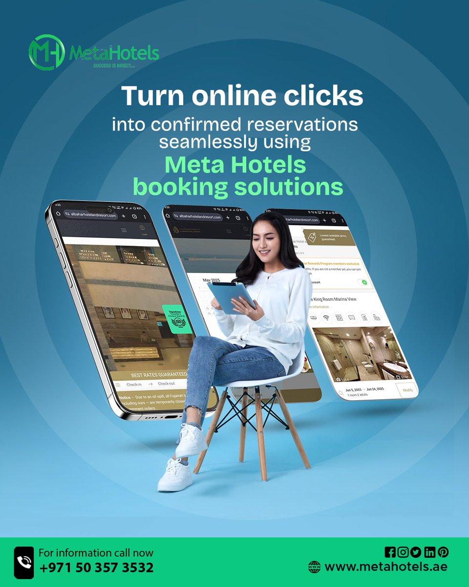 meta_hotels's tweet photo. From clicks to confirmed stays Meta Hotels booking solutions make online reservations faster, easier, and smarter. Maximize your direct bookings today!

For services, Contact Us: +971503573532
Visit: https://t.co/Z3ov5B70Aq

#MetaHotels #OnlineBookingSolutions #HotelSuccess https://t.co/pZhXZJpRNk