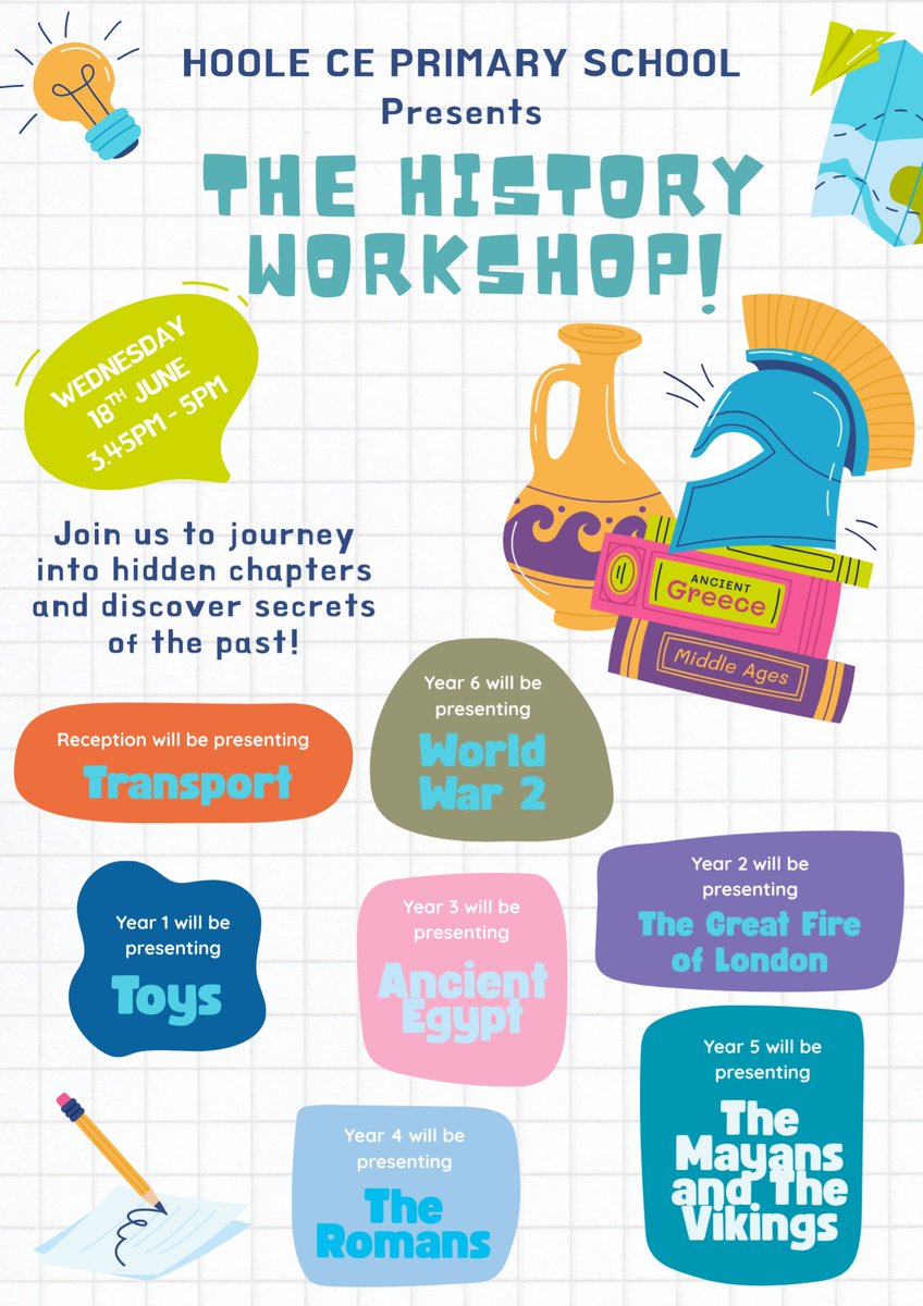 Families are invited to join us for trip to the past with our History Show!

The hands-on exhibit will take place in the School Hall on 18th June after school. 📷