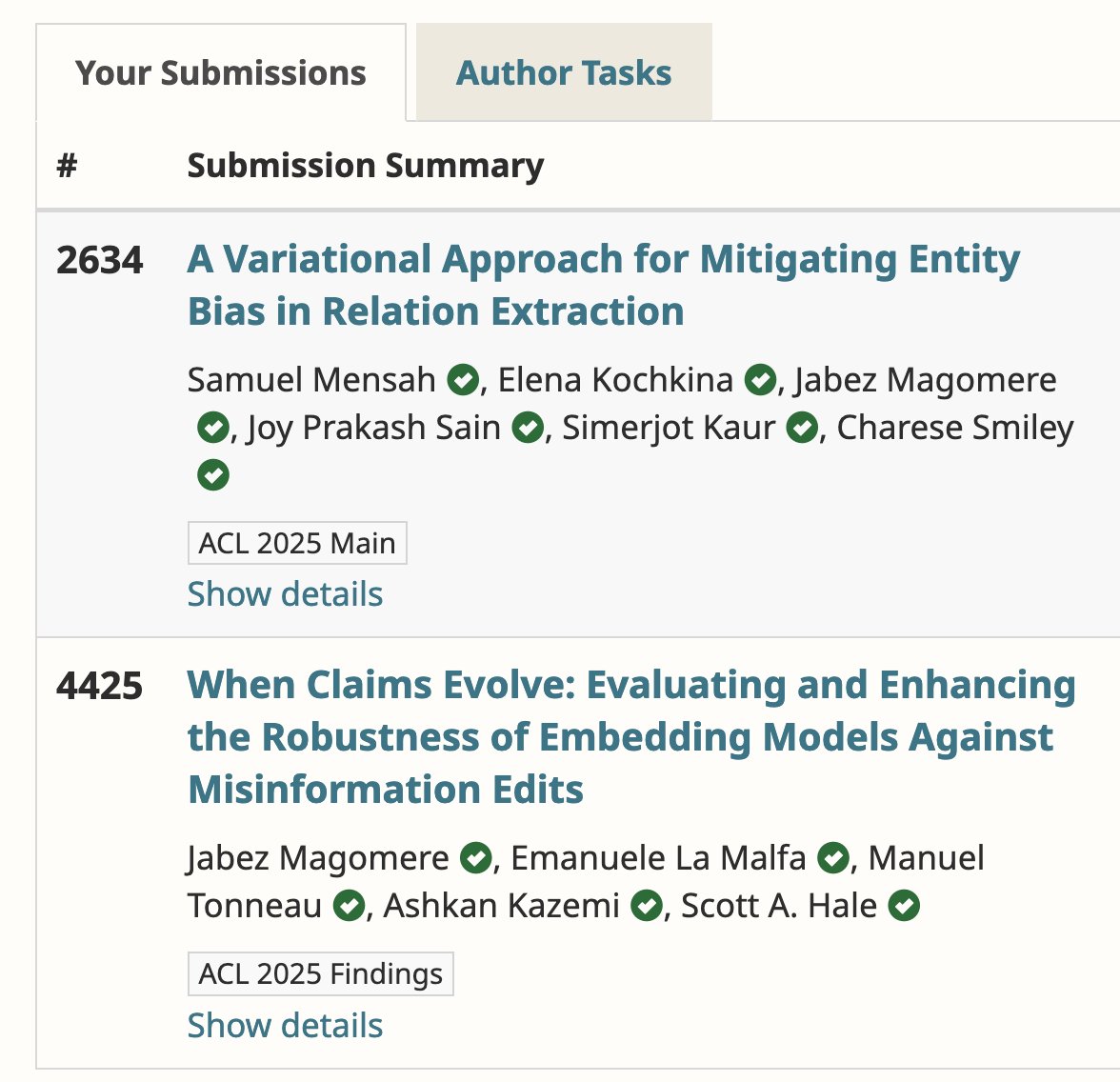 Jabez Magomere (@jabez_magomere) on Twitter photo A little late to the party, but 2/2 papers got accepted to #ACL2025🎉 work from the first year of my PhD and collaboration from my internship at <a href="/jpmorgan/">J.P. Morgan</a>. Will share more deets on the papers soon, but can’t wait to run the Kipchoge 🇰🇪🐐 loop in Vienna. A little late to the party, but 2/2 papers got accepted to #ACL2025🎉 work from the first year of my PhD and collaboration from my internship at <a href="/jpmorgan/">J.P. Morgan</a>. Will share more deets on the papers soon, but can’t wait to run the Kipchoge 🇰🇪🐐 loop in Vienna.