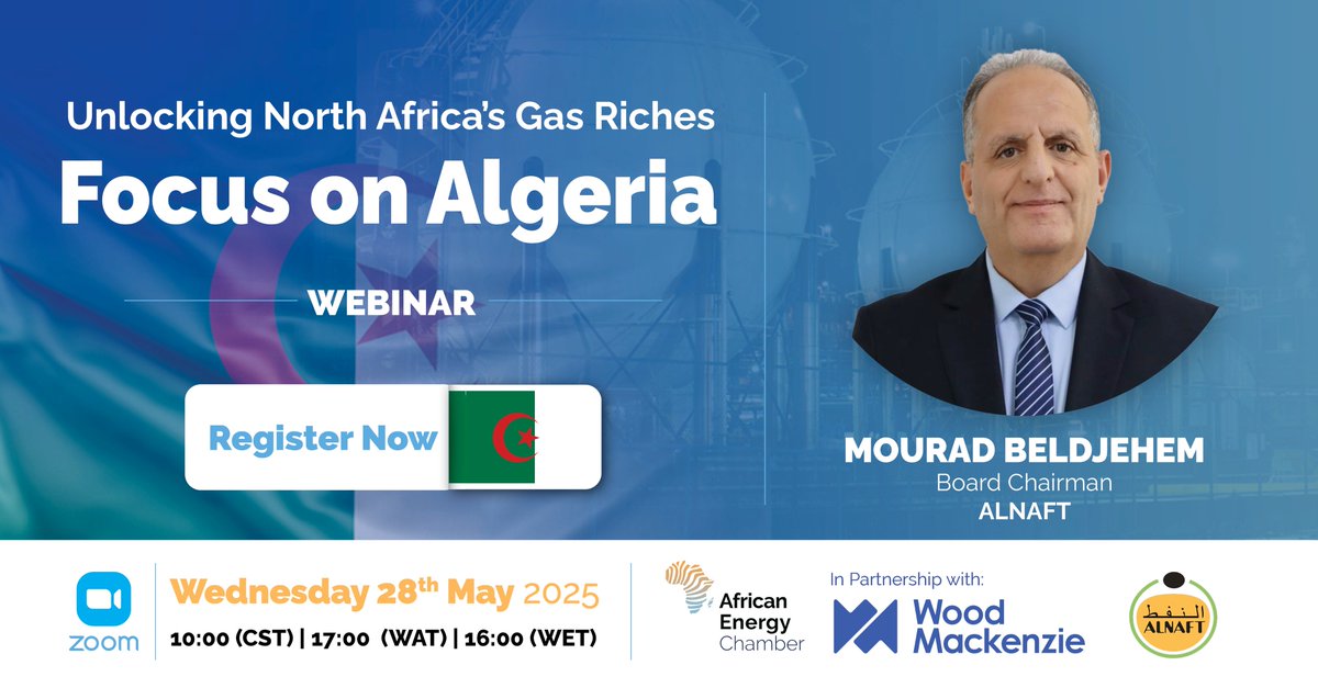 energy_african's tweet photo. Register Today | Meet Our Esteemed Speakers for an unmissable high-level webinar hosted by the African Energy Chamber (AEC), in proud partnership with @WoodMackenzie and #ALNAFT.
With #Algeria at the heart of #North-Africa’s gas boom, this exclusive session brings together top decision-makers and industry experts to explore how to unlock the region’s gas riches. From upstream investment to fiscal reform and export strategy — the discussion will cover it all.
@VernerAyukegba – Senior Vice President, African Energy Chamber:
A powerful voice in Africa’s energy transformation, Verner offers deep insight into policy shifts, strategic investments, and #Africa’s rise as a global energy force.
Gavin Thompson – Vice Chair, EMEA, Wood Mackenzie:
A global energy thought leader, Gavin will unpack Africa’s role in international gas markets and the implications for supply, demand, and investor confidence.
Mourad Beldjehem – Chairman of the Board, ALNAFT:
At the helm of Algeria’s upstream development, Mourad brings expert analysis on regulatory progress, fiscal incentives, and resource strategy.
From #Algeria’s gas production outlook to the portfolios of foreign operators and the country’s evolving export trajectory — this webinar is your front-row seat to the future of North African energy.
Register now to secure your access: https://t.co/rbhU7TF0S6