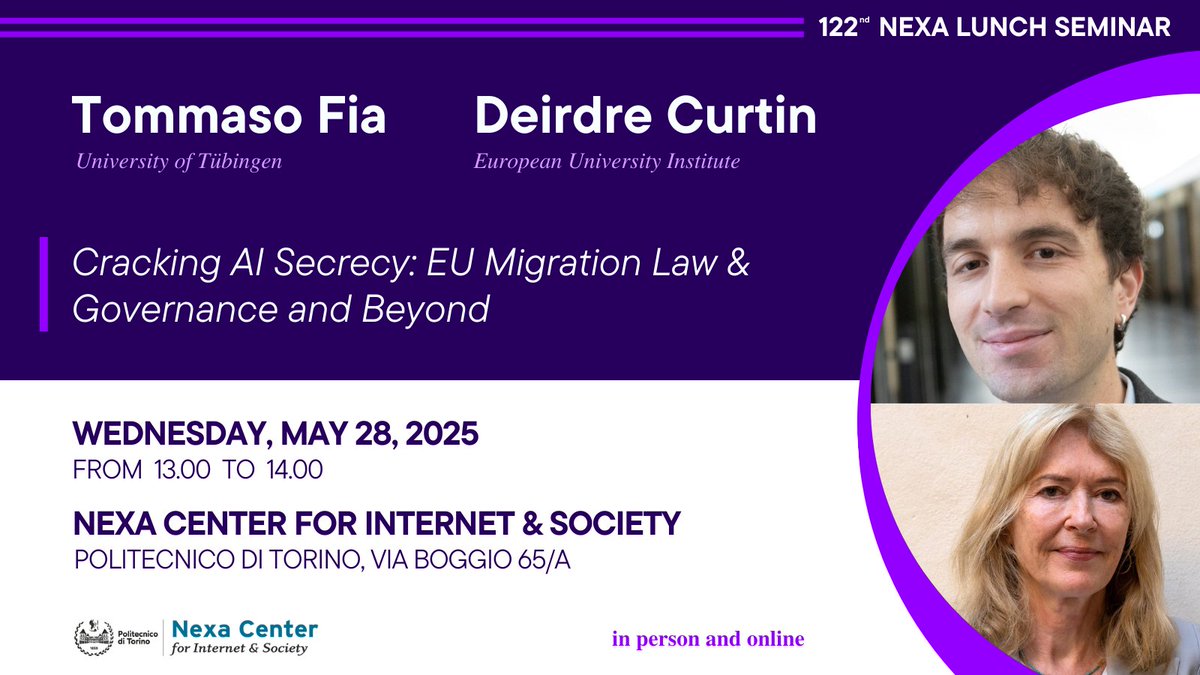 Nexa Center (@nexacenter) on Twitter photo 🗓️Wednesday, May 28, at 13.00
122nd #nexalunchseminar "Cracking #AI Secrecy: #EU #Migration #Law & #Governance and Beyond"
👉With Deirdre Curtin (<a href="/EUI_EU/">European University Institute</a>) and <a href="/ThomFia93/">Tommaso Fia</a> (<a href="/uni_tue/">Universität Tübingen</a>)
📍Nexa Center for Internet & Society
🔎nexa.polito.it/lunch-122
#AIAct #technology 🗓️Wednesday, May 28, at 13.00
122nd #nexalunchseminar "Cracking #AI Secrecy: #EU #Migration #Law & #Governance and Beyond"
👉With Deirdre Curtin (<a href="/EUI_EU/">European University Institute</a>) and <a href="/ThomFia93/">Tommaso Fia</a> (<a href="/uni_tue/">Universität Tübingen</a>)
📍Nexa Center for Internet & Society
🔎nexa.polito.it/lunch-122
#AIAct #technology