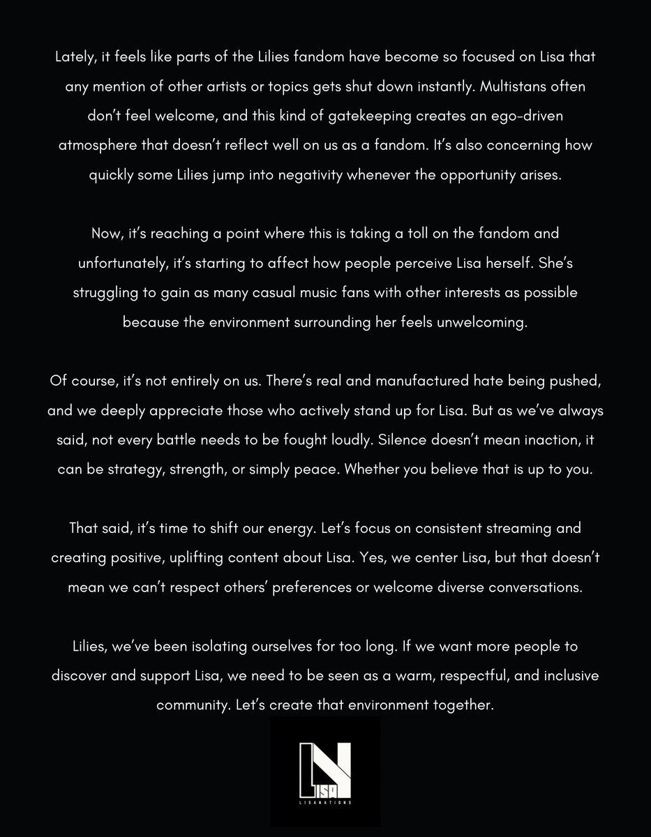 LISANATIONS_'s tweet image. LILIES, PLEASE READ 💛
Fandom Goals, Activity Proposal & Open Letter