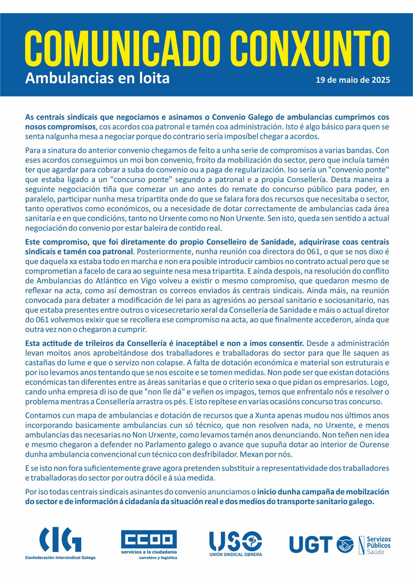 🔴Comunicado conxunto das centrais sindicais asinantes do Convenio Galego de ambulancias, ante os incumprimentos da <a href="/SanidadeXunta/">Consellería de Sanidade</a> 
#Ambulanciasenloita