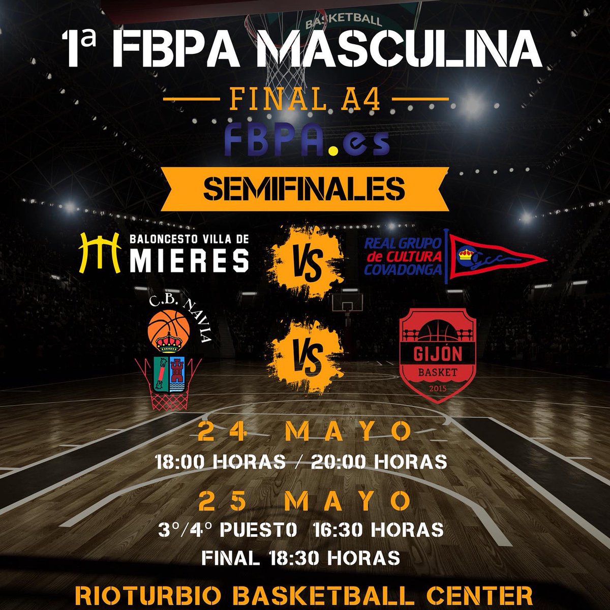 Baloncesto Villa de Mieres 2012 (@bvm2012) on Twitter photo 🔊 ƑIƝAL A4
𝟏ª <a href="/FBPA_asturias/">Federación de Baloncesto Pdo. de Asturias</a> 𝐌𝐀𝐒𝐂𝐔𝐋𝐈𝐍𝐀 🏀
📆 Sábado 24 mayo / Domingo 25 mayo
📍Gesme Rioturbio Basketball Center
⏰ Horarios semifinales:
BVM2012 🆚 <a href="/RGCCBaloncesto/">Real Grupo de Cultura Covadonga Baloncesto</a> 18:00 h.
<a href="/CBNavia/">C.B.Navia</a> 🆚 <a href="/GijonBasket/">Gijón Basket</a>
20:00 horas
#baloncestovillademieres #SomosBVM #Gesme 🔊 ƑIƝAL A4
𝟏ª <a href="/FBPA_asturias/">Federación de Baloncesto Pdo. de Asturias</a> 𝐌𝐀𝐒𝐂𝐔𝐋𝐈𝐍𝐀 🏀
📆 Sábado 24 mayo / Domingo 25 mayo
📍Gesme Rioturbio Basketball Center
⏰ Horarios semifinales:
BVM2012 🆚 <a href="/RGCCBaloncesto/">Real Grupo de Cultura Covadonga Baloncesto</a> 18:00 h.
<a href="/CBNavia/">C.B.Navia</a> 🆚 <a href="/GijonBasket/">Gijón Basket</a>
20:00 horas
#baloncestovillademieres #SomosBVM #Gesme