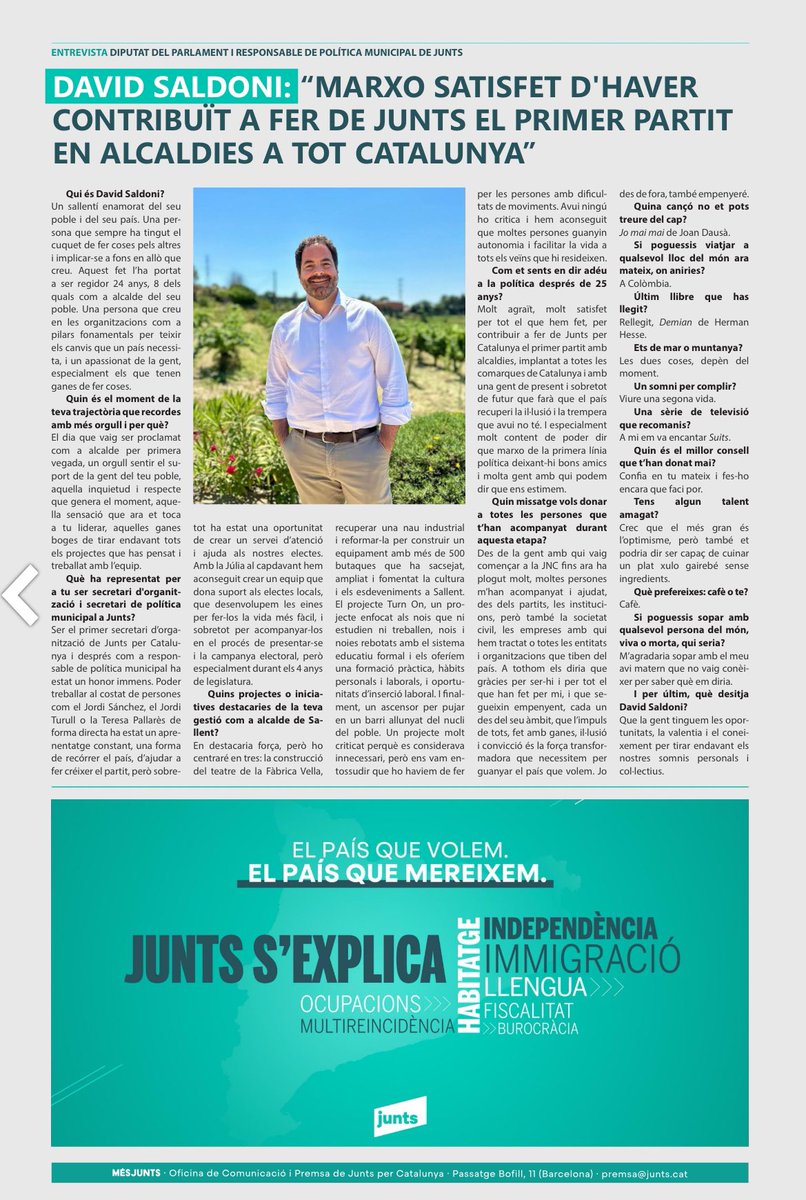 🗣️“Marxo satisfet d’haver contribuït a fer de Junts el primer partit en alcaldies a tot Catalunya.”

<a href="/davidsaldoni/">David Saldoni🎗</a> ens explica els motius del seu pas al costat:
🔗 juntsxcat.info/MesJunts98

🤝🏻Gràcies per fer créixer Junts des de la base, poble a poble, ciutat a ciutat. Tenim ADN