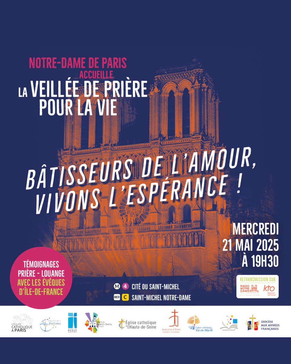 🙏 Les évêques d'Île-de-France vous invitent à la veillée de prière pour la vie à <a href="/notredameparis/">Cathédrale Notre-Dame de Paris</a>, ce mercredi 21 mai à 19h30 !

🔴 Si vous ne pouvez pas vous rendre sur place, <a href="/KTOTV/">KTOTV</a>  diffusera en direct sur YouTube :
youtube.com/watch?v=xE1VYs…