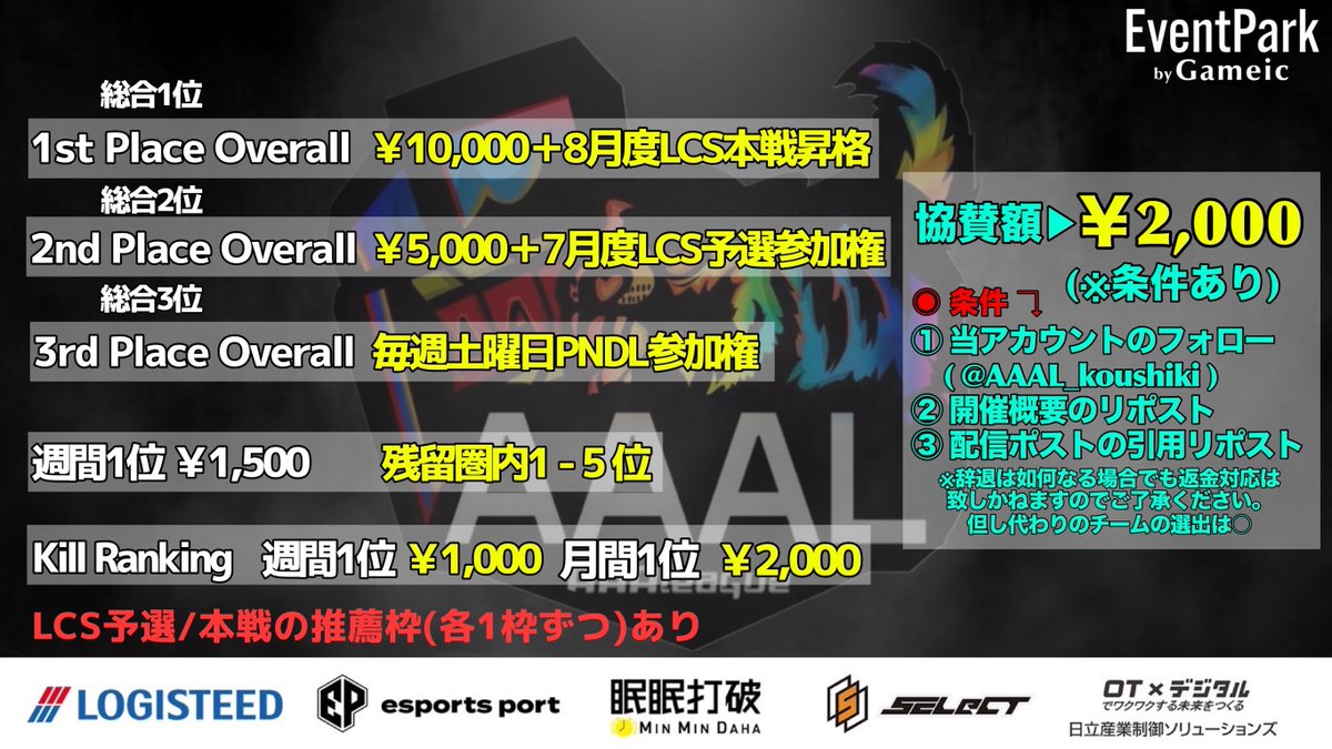 AAAL_koushiki's tweet photo. 《 6月度 AAAL / LCS提携リーグ 》

🎰協賛枠募集/開催概要

🗓6/9.16.23 毎週月曜日
     3Days4Match
     22:00 22:35 23:10 23:45

協賛枠▶︎ @fnxbtxa へ問い合わせ

🥇8月度LCS本戦昇格
🥈7月度LCS予選参加権
🥉PNDL参加権

#クインテット
#クインテットリーグ https://t.co/RGdG1614Ke