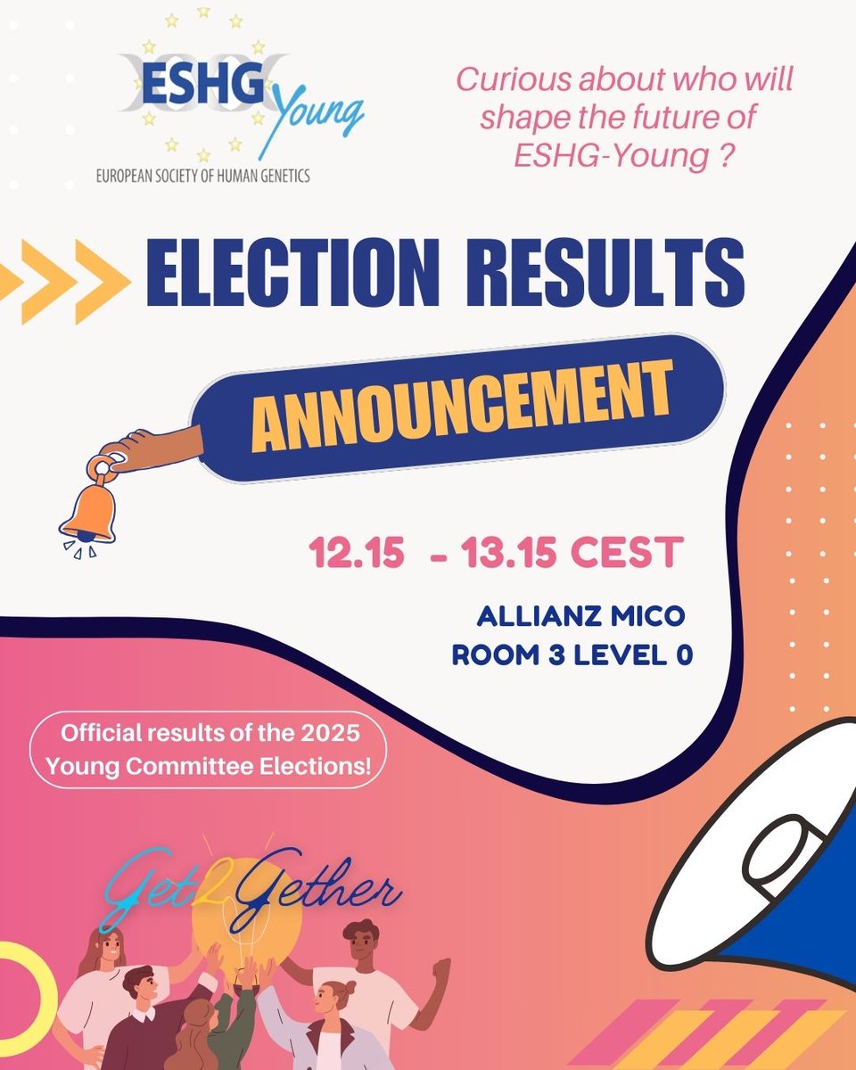 eshg_young (@eshg_young) on Twitter photo 📢📢📢Curious about who will shape the future of the @eshgyoung ?📢📢📢
The voting 📩results for the new <a href="/eshg_young/">eshg_young</a> Members will be announced at our Get2Gether session during #ESHG2025 on Saturday 24th May 12:15-13:15 CEST, Room 3, Level 0. No registration needed🧬 📢📢📢Curious about who will shape the future of the @eshgyoung ?📢📢📢
The voting 📩results for the new <a href="/eshg_young/">eshg_young</a> Members will be announced at our Get2Gether session during #ESHG2025 on Saturday 24th May 12:15-13:15 CEST, Room 3, Level 0. No registration needed🧬