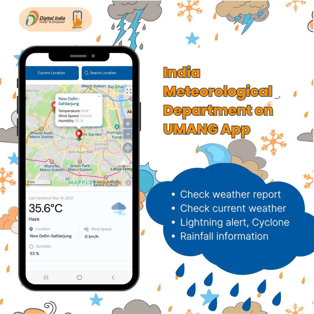 Weather Report at Your Fingertips!
Check the following:
➡️Weather Report
➡️Current Weather
➡️Lightning Alerts &amp; Cyclone Updates
➡️Rainfall Information

To know more, download the UMANG app or visit umang.gov.in