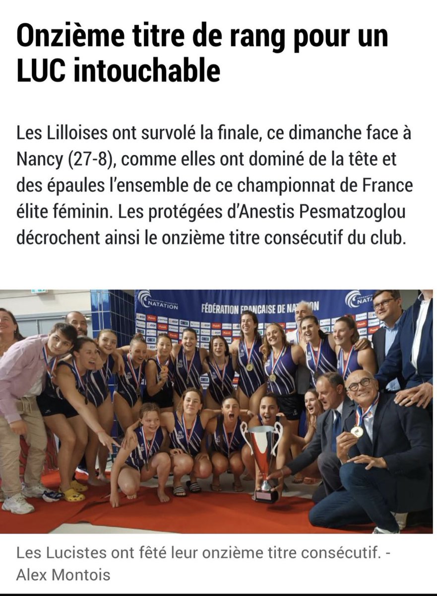 duhamel_vanessa's tweet photo. Immense bravo aux joueuses du #LUC Natation pour leur 11e titre consécutif de championnes de France de water-polo !
Les #Lilloises ont une fois de plus démontré leur talent, leur détermination et leur esprit d’équipe en gagnant la finale face à Nancy . Cette performance s’inscrit dans la continuité d’un parcours d’excellence, reflet d’un travail collectif mené avec rigueur et passion par l’ensemble du club, sous la houlette d’Anestis Pesmatzoglou.
Le sport féminin lillois brille une fois de plus, et nous sommes fiers de ces championnes qui font rayonner #Lille au plus haut niveau national !
#WaterPolo #SportFéminin #Championnes #LUCNatation #AnestisPesmatzoglou #Lillemaville
