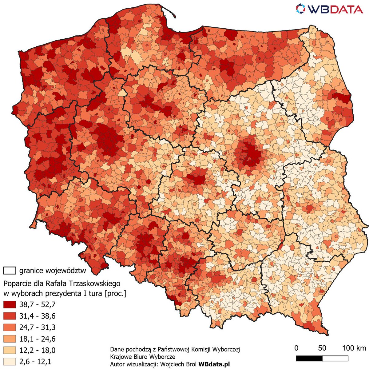 wbdata's tweet image. Poparcie dla Rafała Trzaskowskiego @trzaskowski_  w wyborach Prezydenta. Wyniki za 100% obwodów. #WyboryPrezydenckie2025 #Wybory wszystkie mapy będą tutaj: wbdata.pl/mapy-wyborcze-… dodajemy na bieżąco