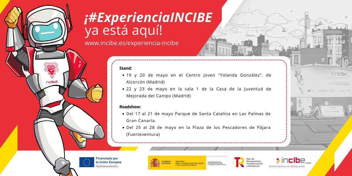 osiseguridad's tweet photo. Consulta los próximos emplazamientos donde se encontrará la #ExperienciaINCIBE 🎪 esta semana. 

Acércate y disfruta de actividades divertidas mientras aprendes sobre #ciberseguridad 👨‍💻 ¡No te lo pierdas 🚨 ! 

https://t.co/tbWb3WzeXk 

#PlandeRecuperación https://t.co/DzNzHdC2eG