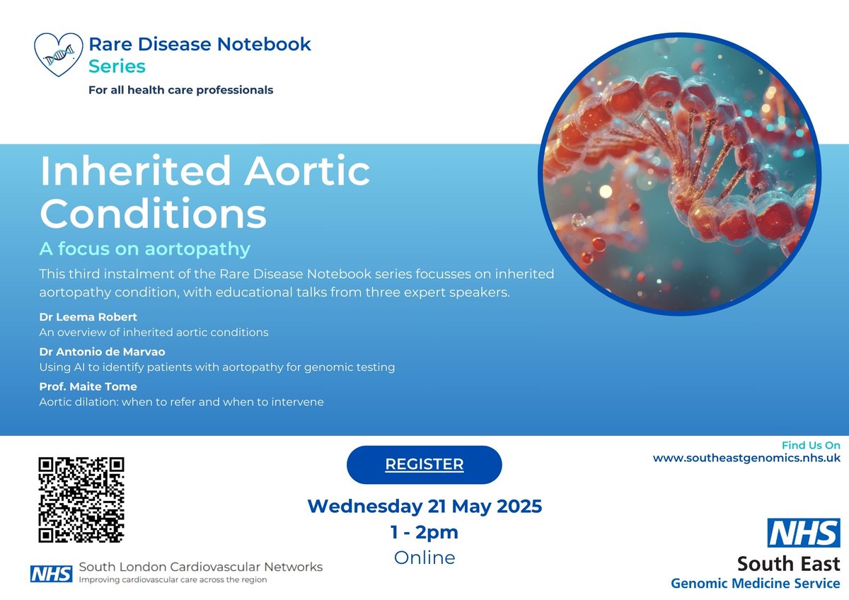 South London Cardiovasular Networks (@vascularse) on Twitter photo Excited to partner with <a href="/SEgenomics/">NHS South East Genomic Medicine Service</a> for our next webinar this Wednesday (21 May)! Join us for an insightful session on inherited aortic conditions. Register online: eventbrite.co.uk/e/odngms-webin…
#Cardiology #GenomicMedicine Excited to partner with <a href="/SEgenomics/">NHS South East Genomic Medicine Service</a> for our next webinar this Wednesday (21 May)! Join us for an insightful session on inherited aortic conditions. Register online: eventbrite.co.uk/e/odngms-webin…
#Cardiology #GenomicMedicine